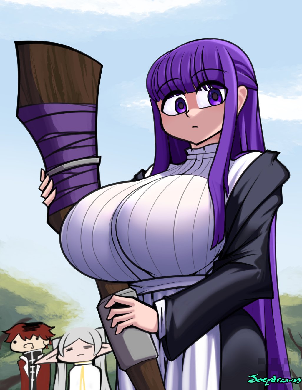 1boy 2girls artist_name big_breasts elf elf_ears elf_female female female_focus fern_(sousou_no_frieren) frieren funny funny_face hi_res joeydrawss long_hair looking_at_viewer magic_staff male multiple_girls purple_eyes purple_hair red_hair solo_focus sousou_no_frieren stark_(sousou_no_frieren) white_hair wide_eyed