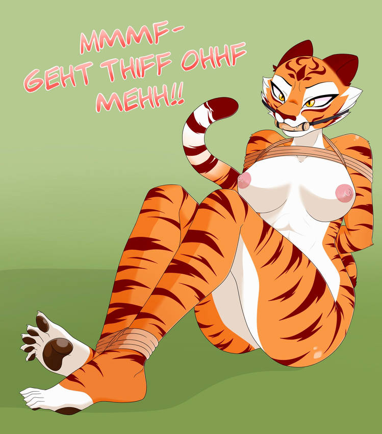 angry, anthro, big breasts, bit gag, bondage, breasts, fangs, feet, female, furry, gag, gagged speech, kung fu panda, master tigress, rope bondage, text, tiger, tigress, toe claws, yellow eyes