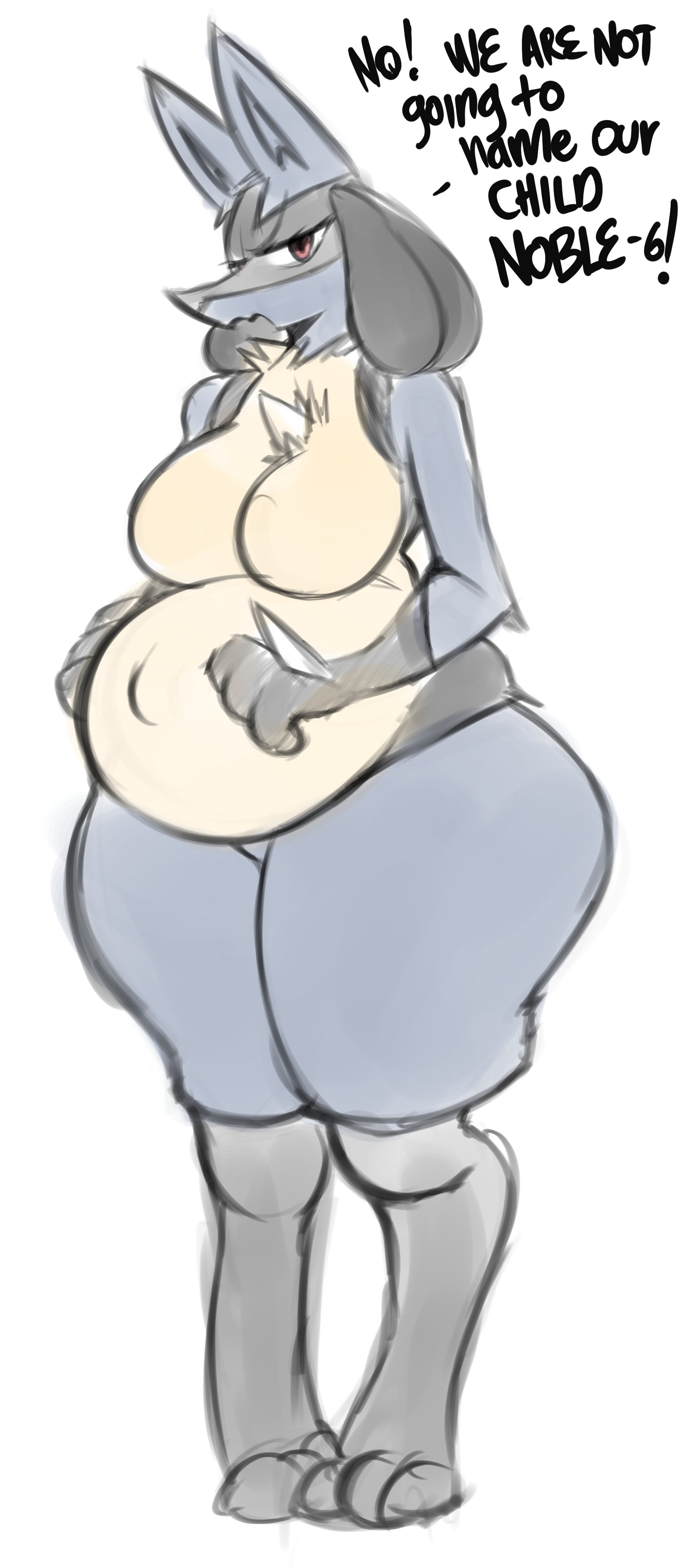 1girls, absurd res, breasts, dialogue, english text, female, female lucario, female only, female pokemon, furry, generation 4 pokemon, humanoid, looking at viewer, lucario, nintendo, pokemon, pokemon (species), pregnant, saltyxodium, solo, talking to viewer, thick thighs, very high resolution, white background