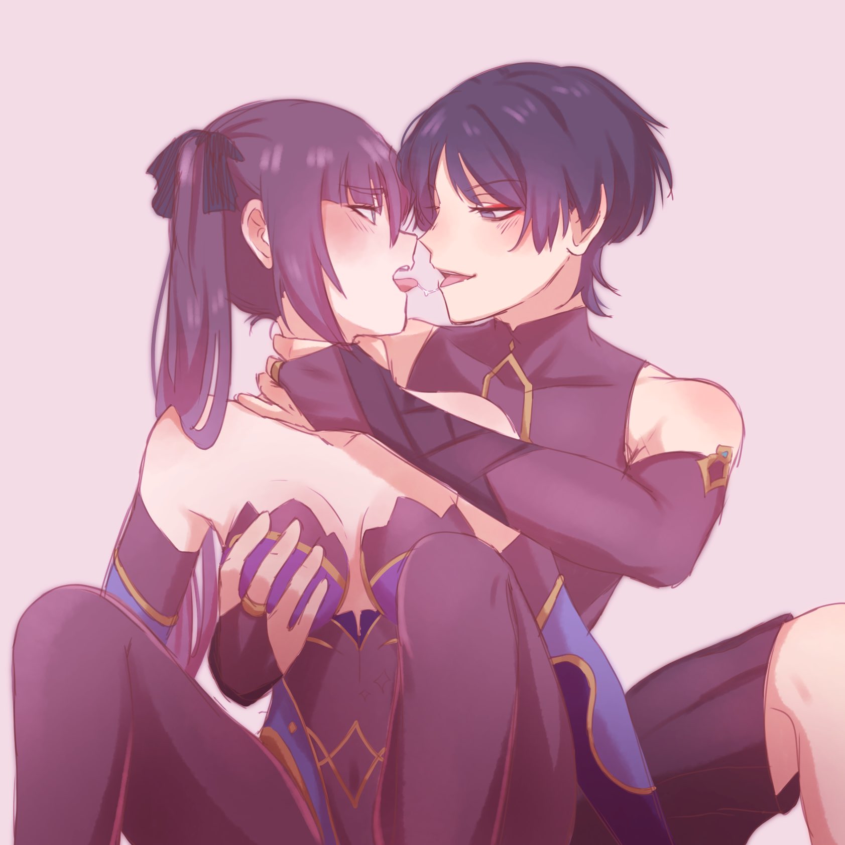 blue eyes, blue hair, blush, breast grab, breast squeeze, breasts, choke hold, choking, clothed, female, genshin impact, grabbing, grabbing breasts, hand on breast, hoyoverse, mona (genshin impact), naysucc, open mouth, purple hair, saliva trail, scaramouche (genshin impact), sitting, smirk, straight, tongue, tongue out, twintails