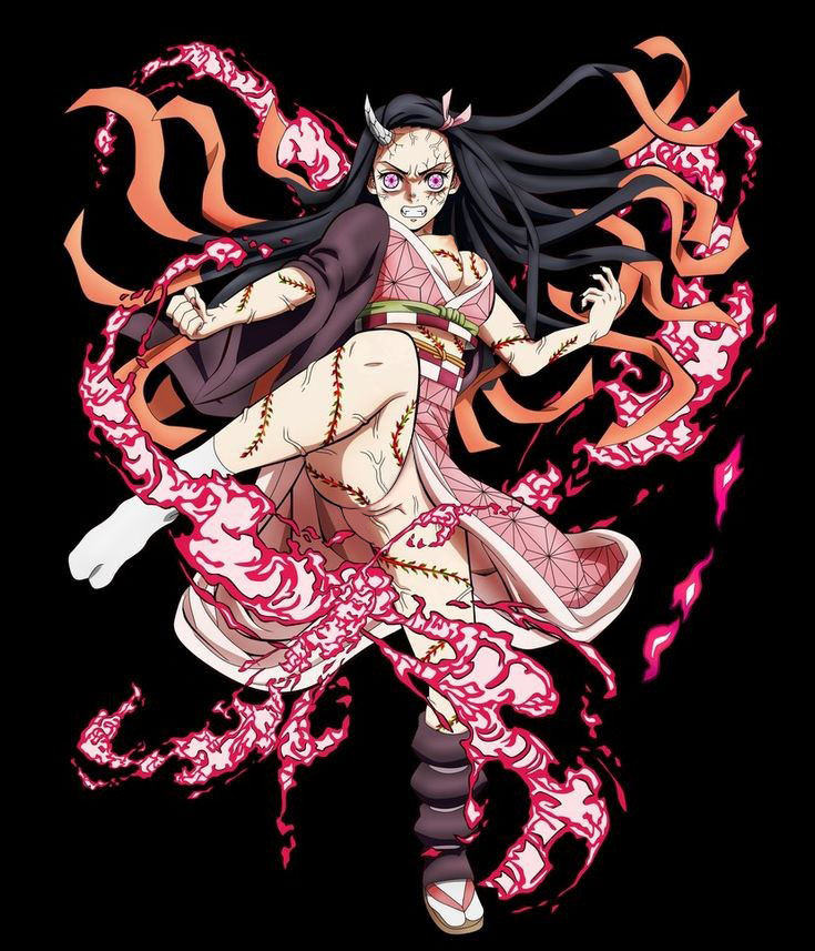 angry black_hair demon_girl demon_slayer edit horn kamado_nezuko kicking kimetsu_no_yaiba large_breasts long_hair nekom14 nipples no_panties pink_hair pussy spread_legs