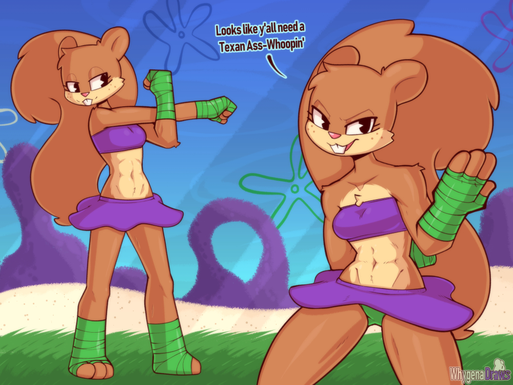 anthro, clothed, clothing, conditional dnp, dialogue, female, grass, mammal, muscular, muscular female, nickelodeon, partially clothed, plant, rodent, sandy cheeks, sciurid, solo, spongebob squarepants, squirrel, tree squirrel, whygena
