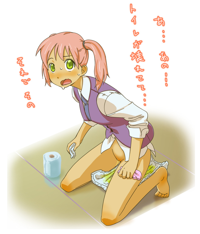 artist request, blush, clothing, diaper, diaper change, female, female only, omorashi, peeing, pink hair, sweat, sweatdrop, toilet paper, translation request, uncensored, wavy mouth, young