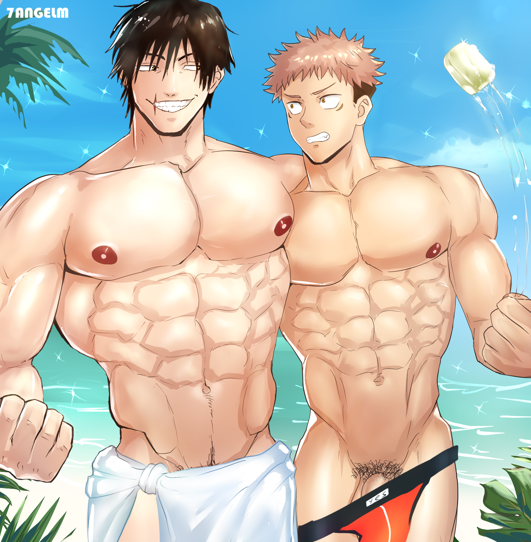 2boys, 7angelm, abs, bara, bare pectorals, erection, gay, itadori yuuji, jujutsu kaisen, male, male focus, male only, muscles, muscular, muscular male, nipples, nude, toji fushiguro, yaoi