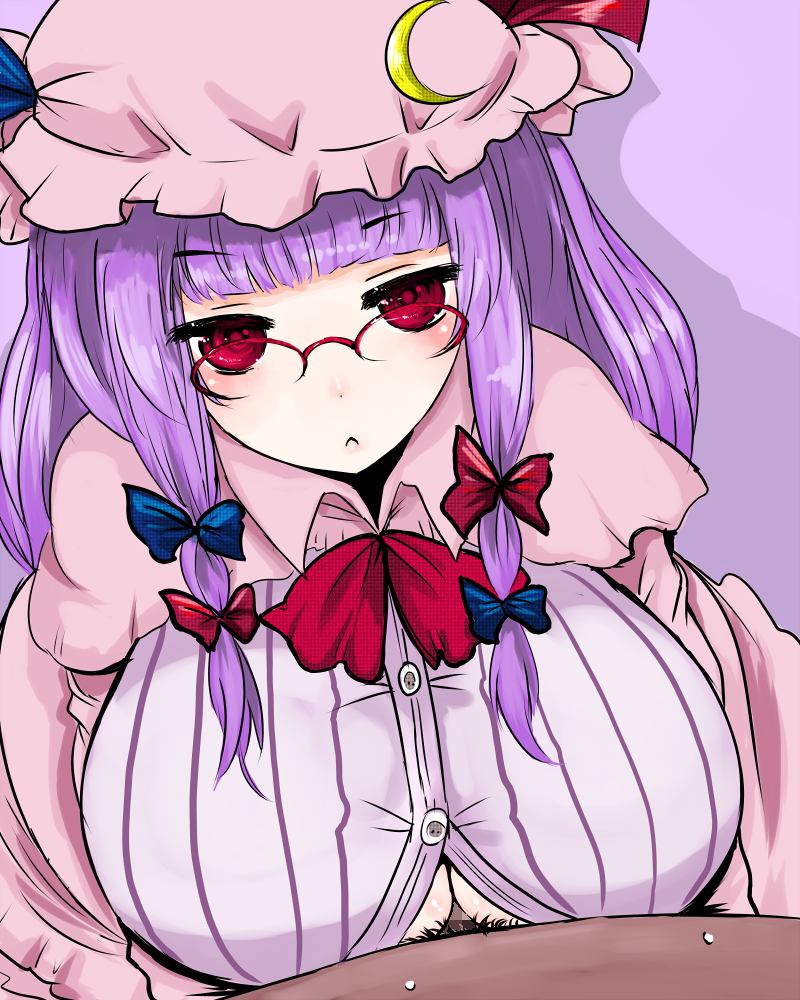 breasts censored cleavage dark-skinned_male female glasses han64 han_(jackpot) hat huge_breasts human male paizuri paizuri_under_clothes patchouli_knowledge penis purple_hair red_eyes straight touhou