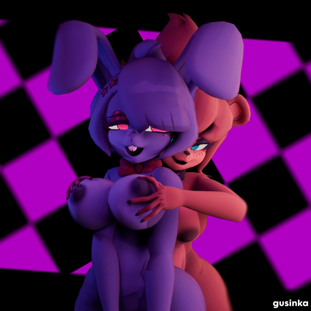 2girls, 3d, bonfie, bonfie (cryptia), bonnie (cally3d), bonnie (fnaf), breasts, female, female only, female/female, five nights at freddy's, freddy (fnaf), fredina (cally3d), fredina's nightclub, frenni fazclaire, grabbing breasts from behind, gusinka, multiple females, multiple girls, nude, nude female, pose, tagme