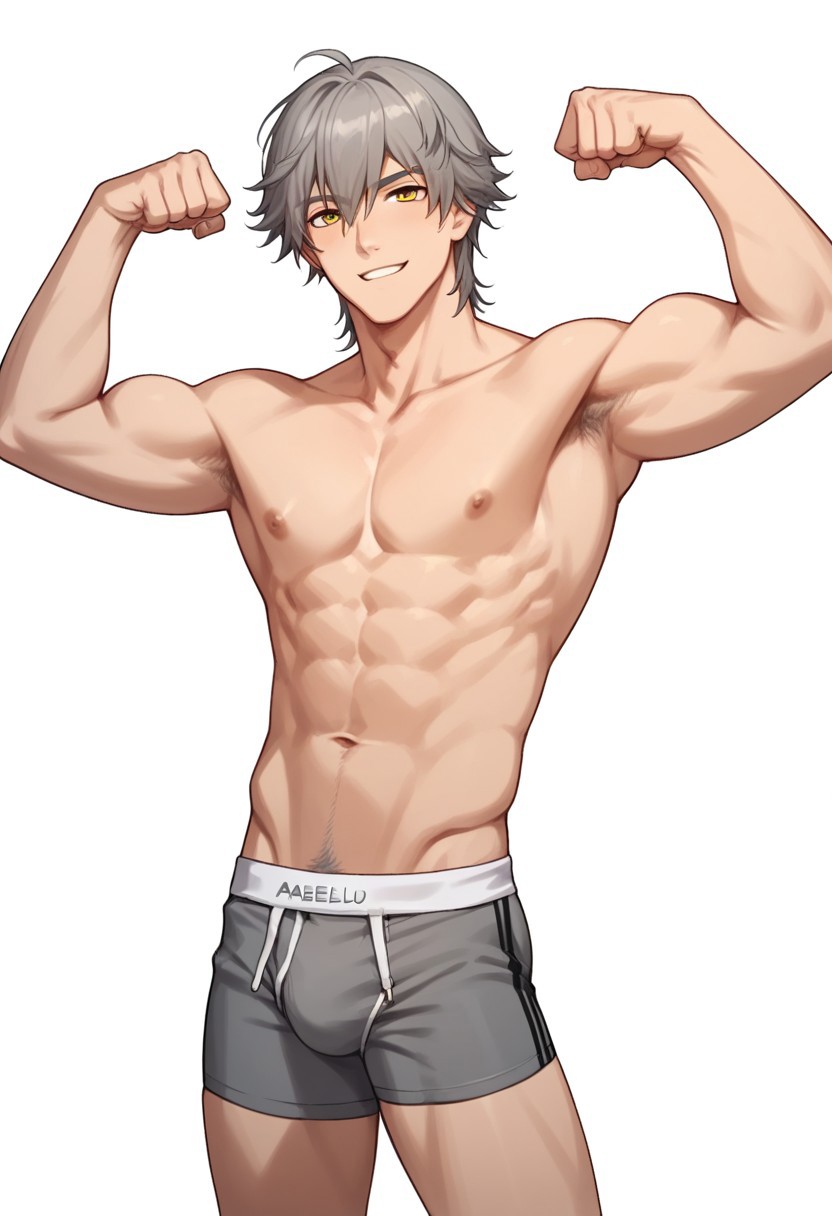 1boy abs ai_generated caelus_(honkai:_star_rail) civitai dvxxxgrai flexing grey_hair honkai:_star_rail male_focus male_only male_underwear navel nipples nude pony_diffusion_xl smile solo standing tagme topless topless_male underwear underwear_only white_background