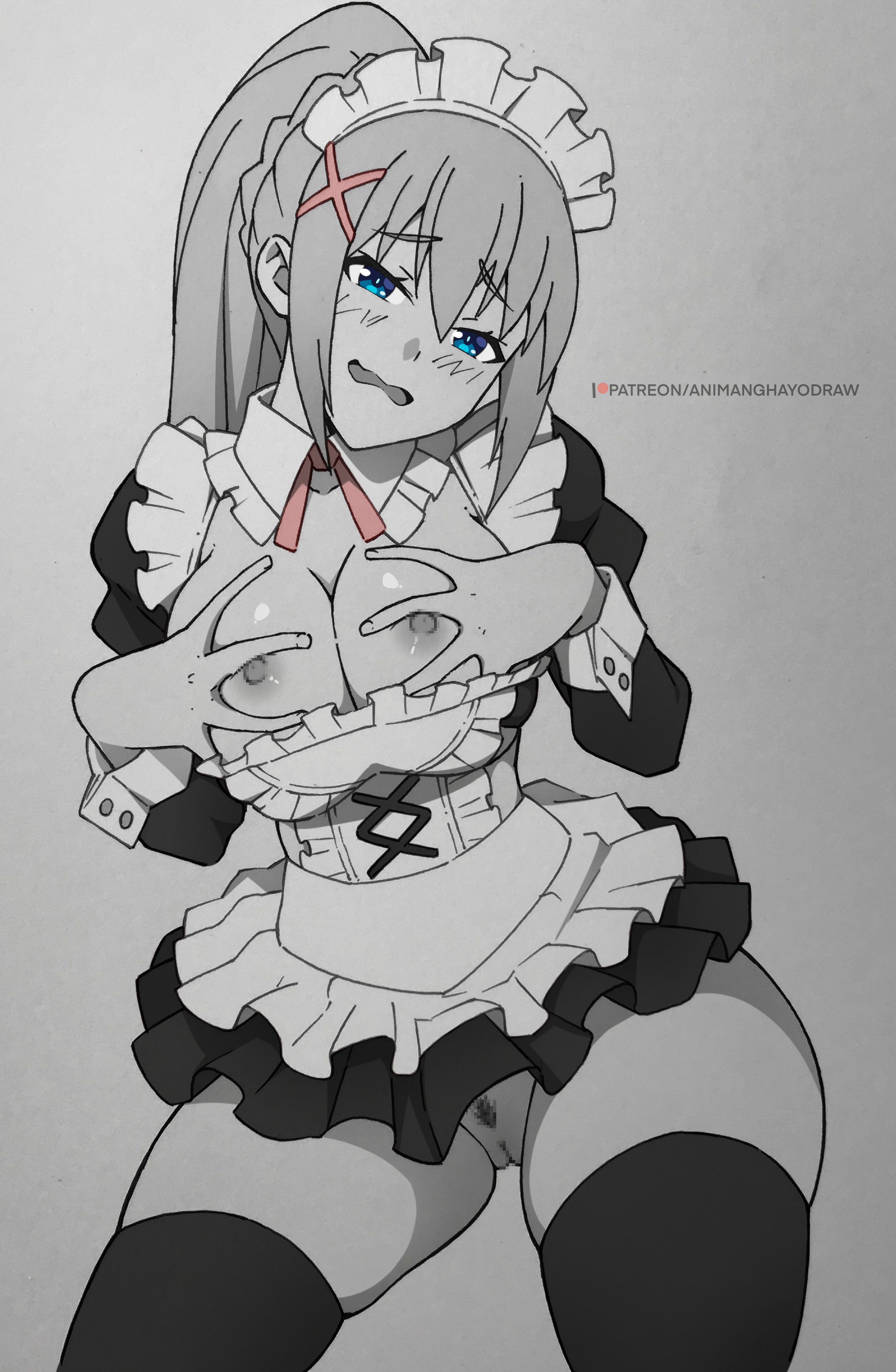 1girls, animanghayodraw, black and white, breasts, censored, darkness (konosuba), female, female only, kono subarashii sekai ni shukufuku wo!, large breasts, looking at viewer, maid, maid uniform, monochrome, pubic hair, pussy, solo, thighhighs, thighs, wide hips