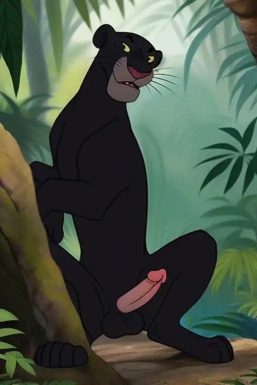 ai_generated bagheera bagheera_(jungle_book) big_penis black_panther cartoony disney feline feral jungle looking_at_viewer male male_focus male_only panther pantherine