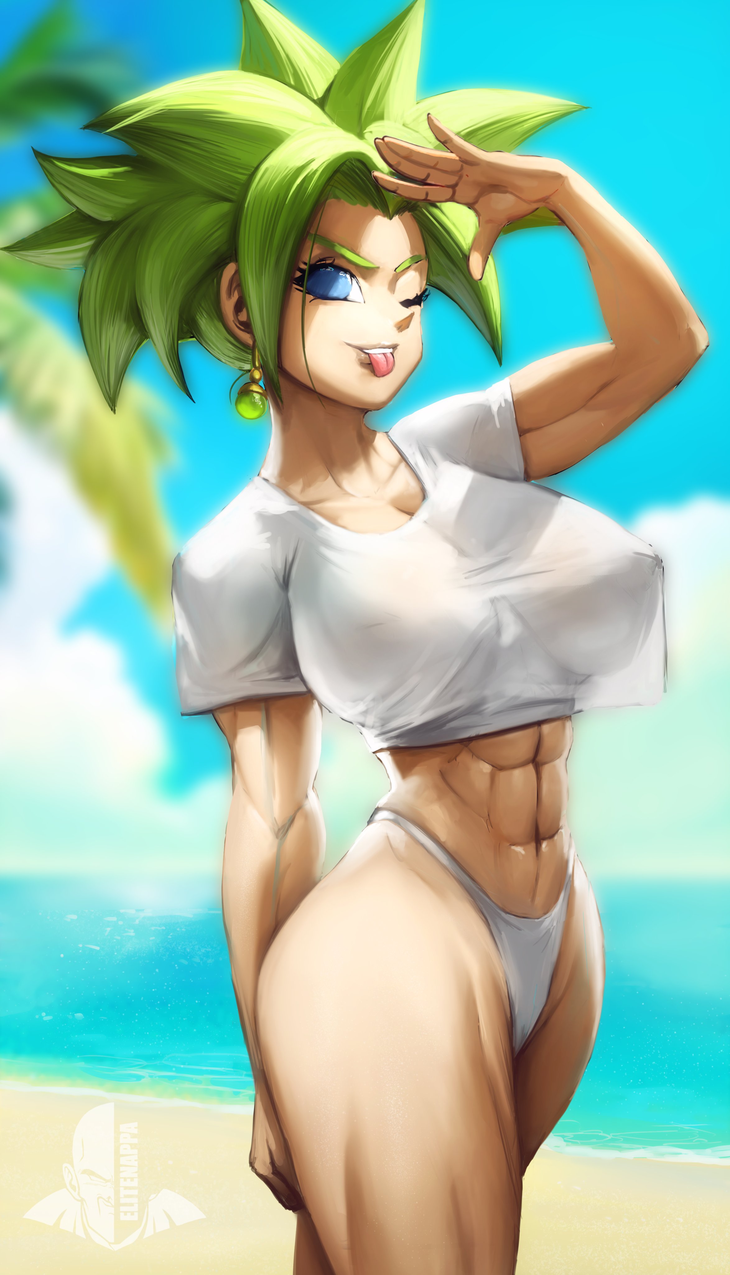 1girls, abs, beach, biceps, big breasts, blue eyes, breasts, busty, dragon ball, dragon ball super, ear piercing, earrings, elitenappa, female, female only, female saiyan, fusion, green hair, huge breasts, kefla, large breasts, legendary super saiyan, looking at viewer, no bra, ocean, outdoors, panties, piercing, potara earrings, saiyan, shirt, solo, super saiyan, thick thighs, toned, toned female, tongue, tongue out, water, wide hips, wink, winking at viewer