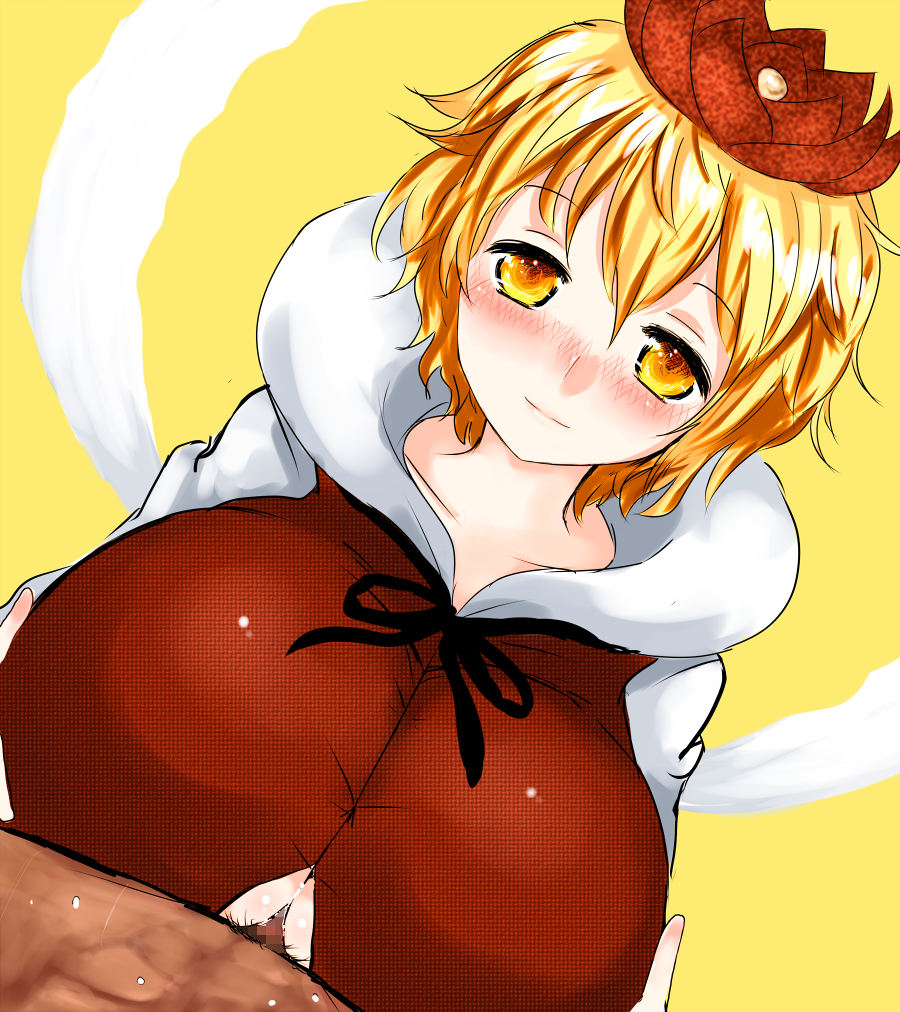 blonde_hair blush breasts censored dark-skinned_male han64 han_(jackpot) hat huge_breasts paizuri paizuri_under_clothes penis short_hair smile toramaru_shou touhou yellow_eyes