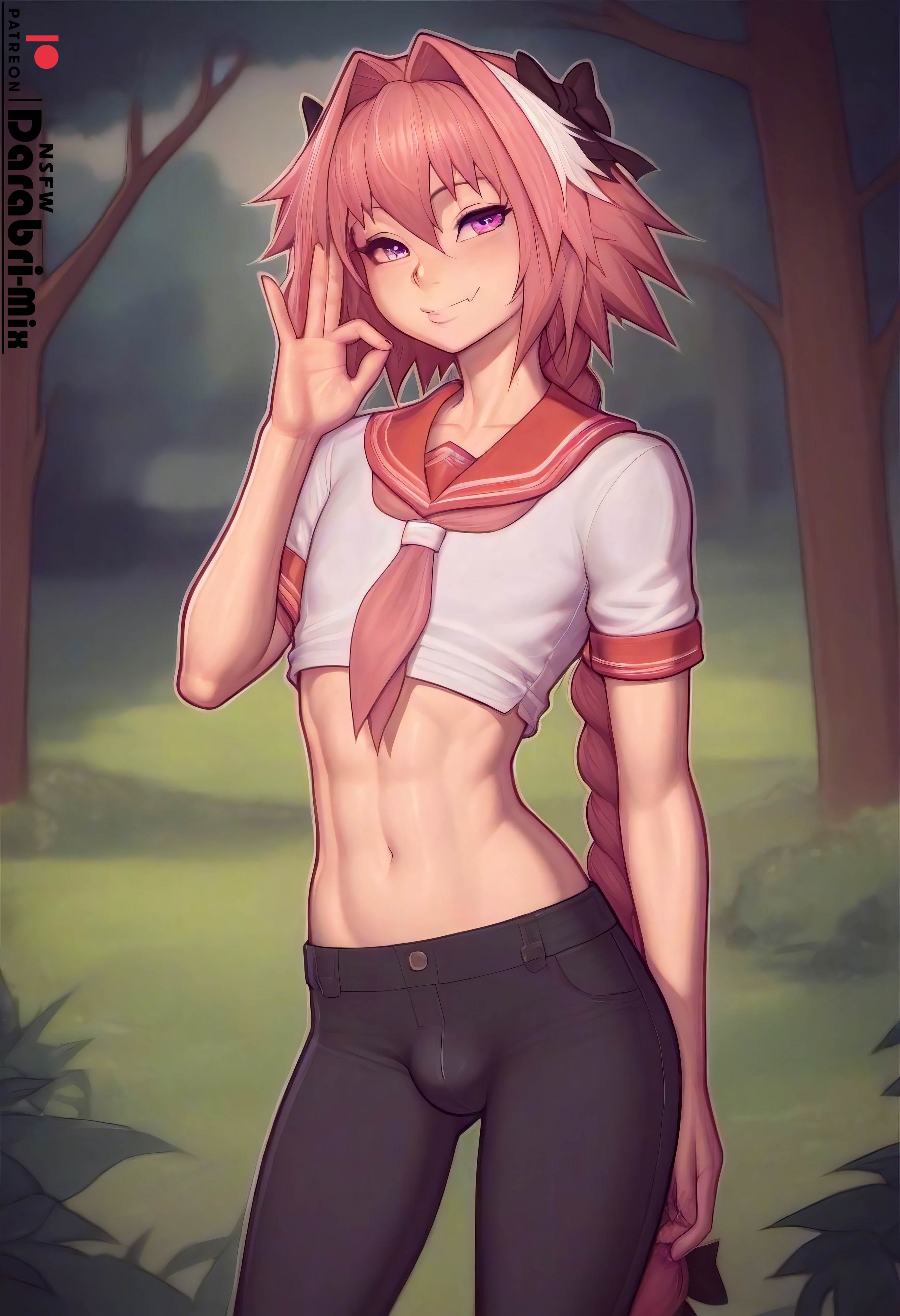 1boy, abs, ai generated, astolfo (fate), bulge, crop top, cute, darabri-mix, fate (series), fellatio gesture, femboy, feminine male, forest, forest background, gesture, girly, male, male only, midriff, navel, otoko no ko, outdoors, pants, patreon, patreon logo, pink eyes, pink hair, pov, pov eye contact, single braid, smirk, solo focus, teaseing, thin waist, tight clothing, trap, white highlights