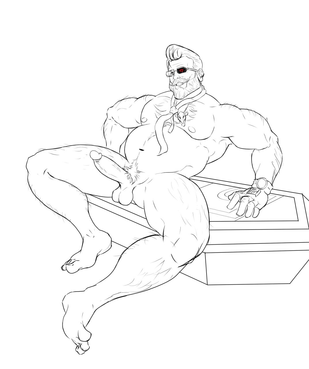 balls beard body_hair boner coffin dojaik erection facial_hair glasses goldlewis_dickinson guilty_gear guilty_gear_strive male male_only monochrome necktie nude overweight penis solo solo_male spread_legs