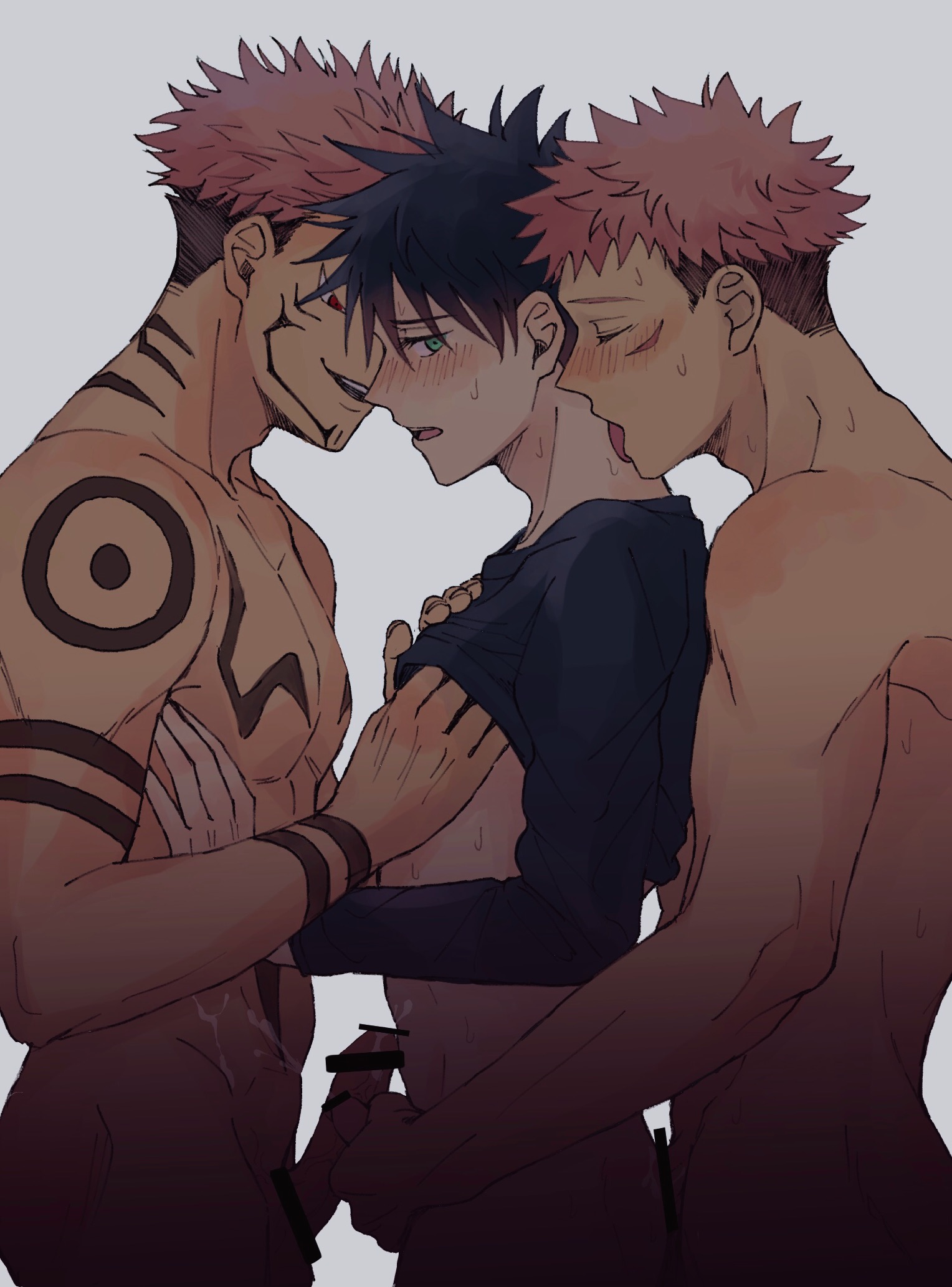 3boys, abs, bara, bare pectorals, erection, fushiguro megumi, gay, itadori yuuji, jujutsu kaisen, male, male focus, male only, muscles, muscular, muscular male, nipples, nude, ryoumen sukuna (jujutsu kaisen), threesome, yaoi