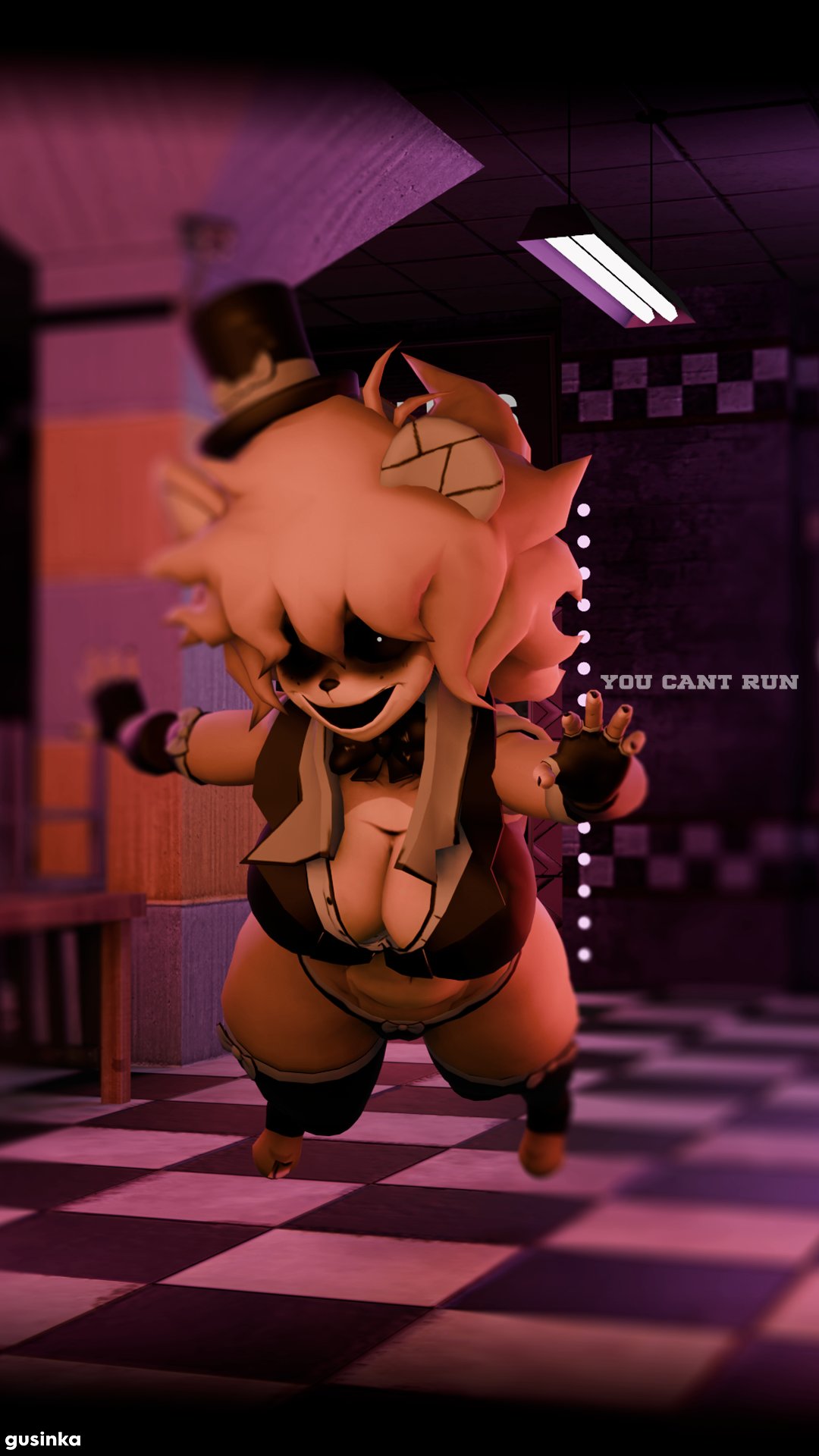 1girls breasts female female_only five_nights_at_freddy's fredina's_nightclub golden_freddy_(fnaf) golden_fredina_(cally3d) gusinka looking_at_viewer solo tagme text type_0