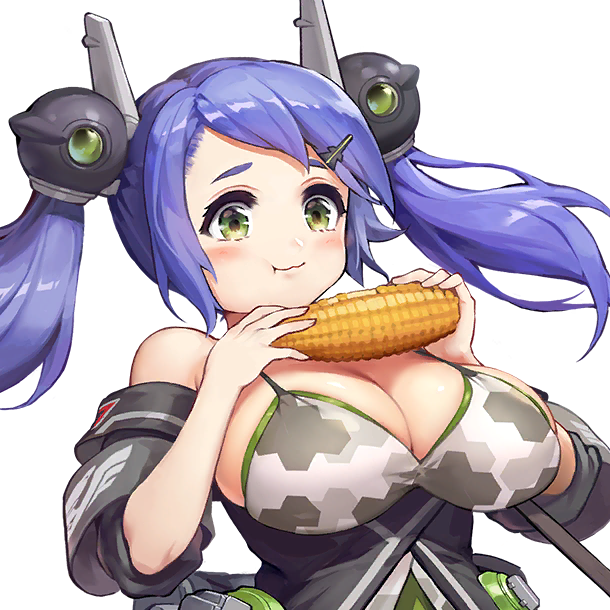 bare_shoulders big_breasts blue_hair blush cleavage closed_mouth corn detached_sleeves eating eating_food female female_focus female_only food game_cg green_eyes hair_ornament hairclip holding holding_food holding_object last_origin long_hair looking_at_food p-2000_djinnia puffed_cheeks sima_(startwitch) skindentation sleeveless smile smiling transparent_background twintails upper_body