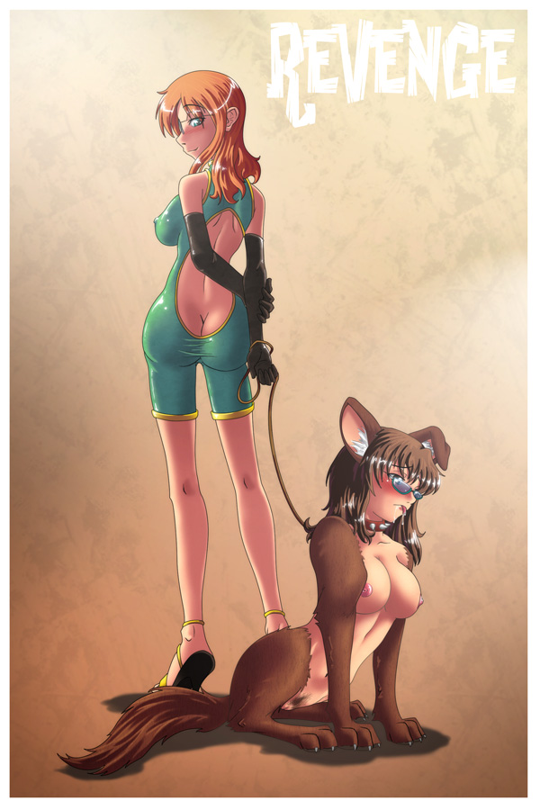 2girls animal_ears animal_limbs ass back blue_eyes blush breasts brown_background butt_crack canine collar digitigrade eyeglasses female fur furry gammatelier glasses gloves high_heels human hybrid large_breasts leash nipples orange_hair pubic_hair pussy red_hair saliva skin_tight smile tail text what