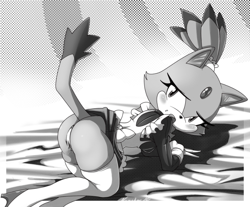 anthro black_and_white blaze_the_cat blush cameltoe cat feline female female_only fur furry looking_back maid maid_uniform mammal monochrome nancher panties pussy_juice raised_tail sega solo sonic_(series) sonic_the_hedgehog_(series) stockings tail thigh_highs underwear wet_panties