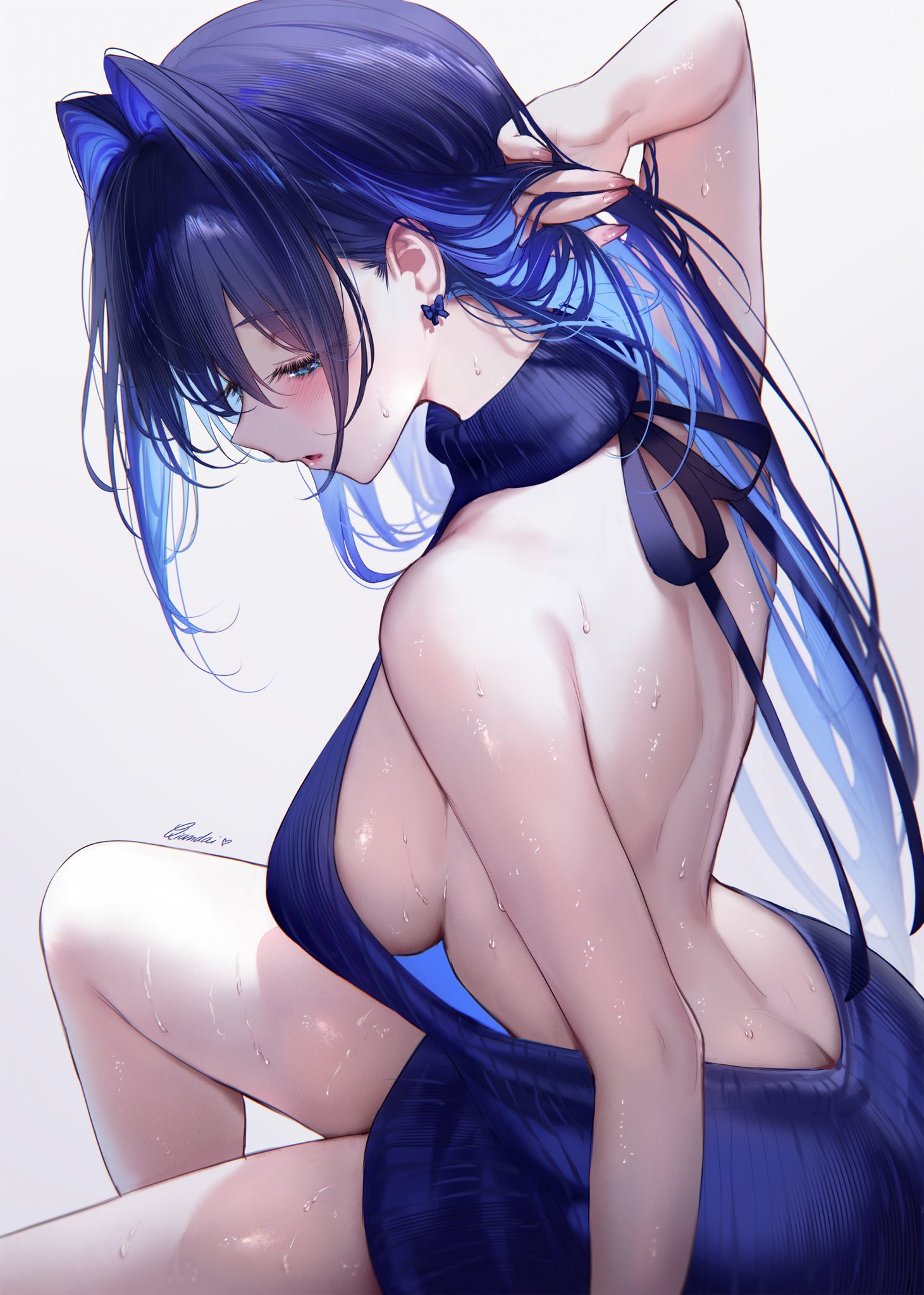 1girls, absurd res, backless outfit, backless sweater, bare legs, bare shoulders, big breasts, blue eyes, blue hair, female, high quality, hololive, hololive english, ouro kronii, qiandaiyiyu, sideboob, solo, sweatdrop, virtual youtuber, vtuber, wet body