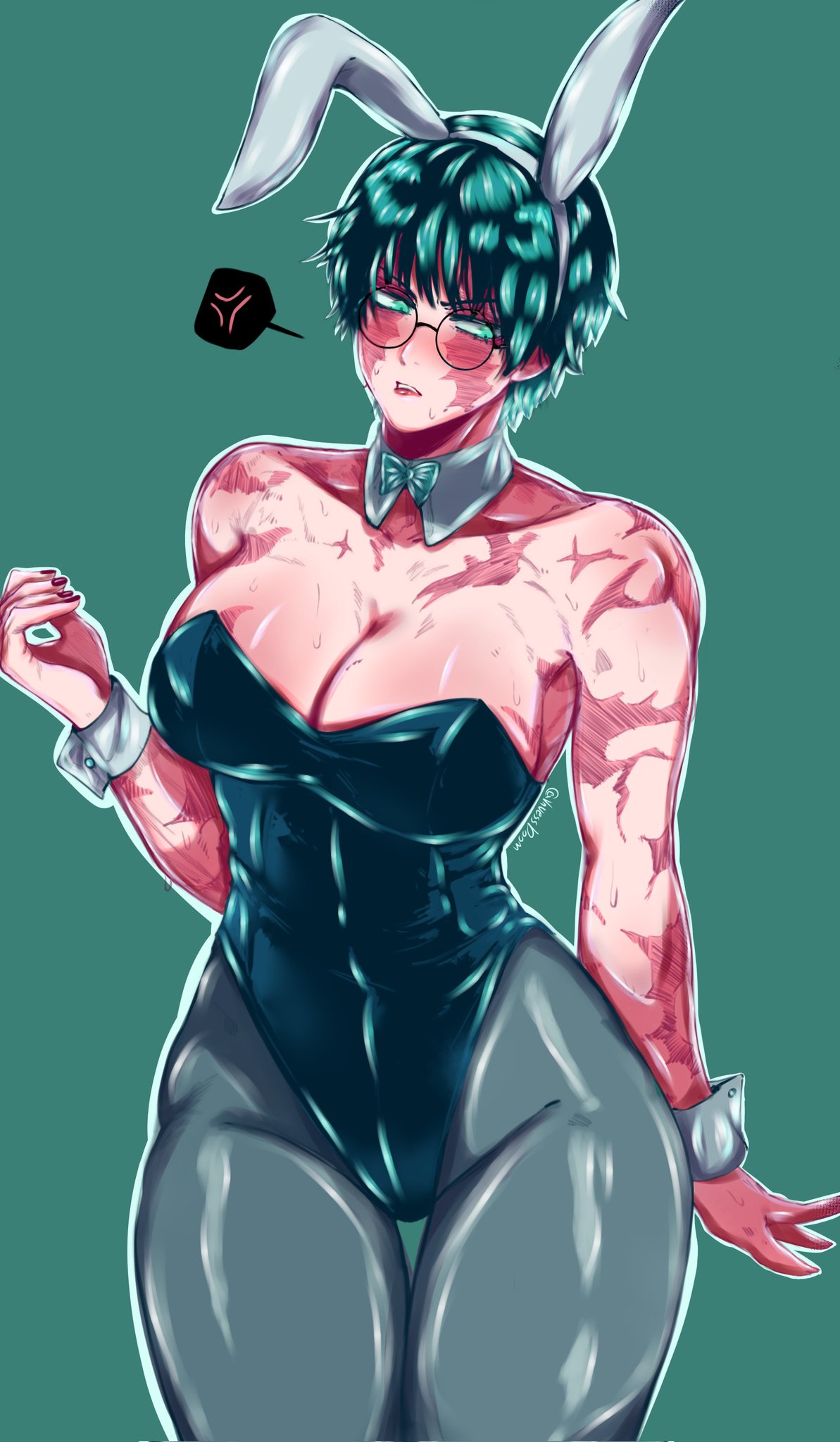 1girls, black hair, black nails, blush, breasts, bunny costume, bunny ears, bunny girl, bunnysuit, female, female only, glasses, green eyes, green hair, green-haired female, jujutsu kaisen, large breasts, looking away, masoq095, monochrome, nail polish, playboy bunny, round glasses, scar, scared, scars, short hair, skin tight, solo, thick thighs, thighs, tomboy, vaness doom, wide hips, zenin maki