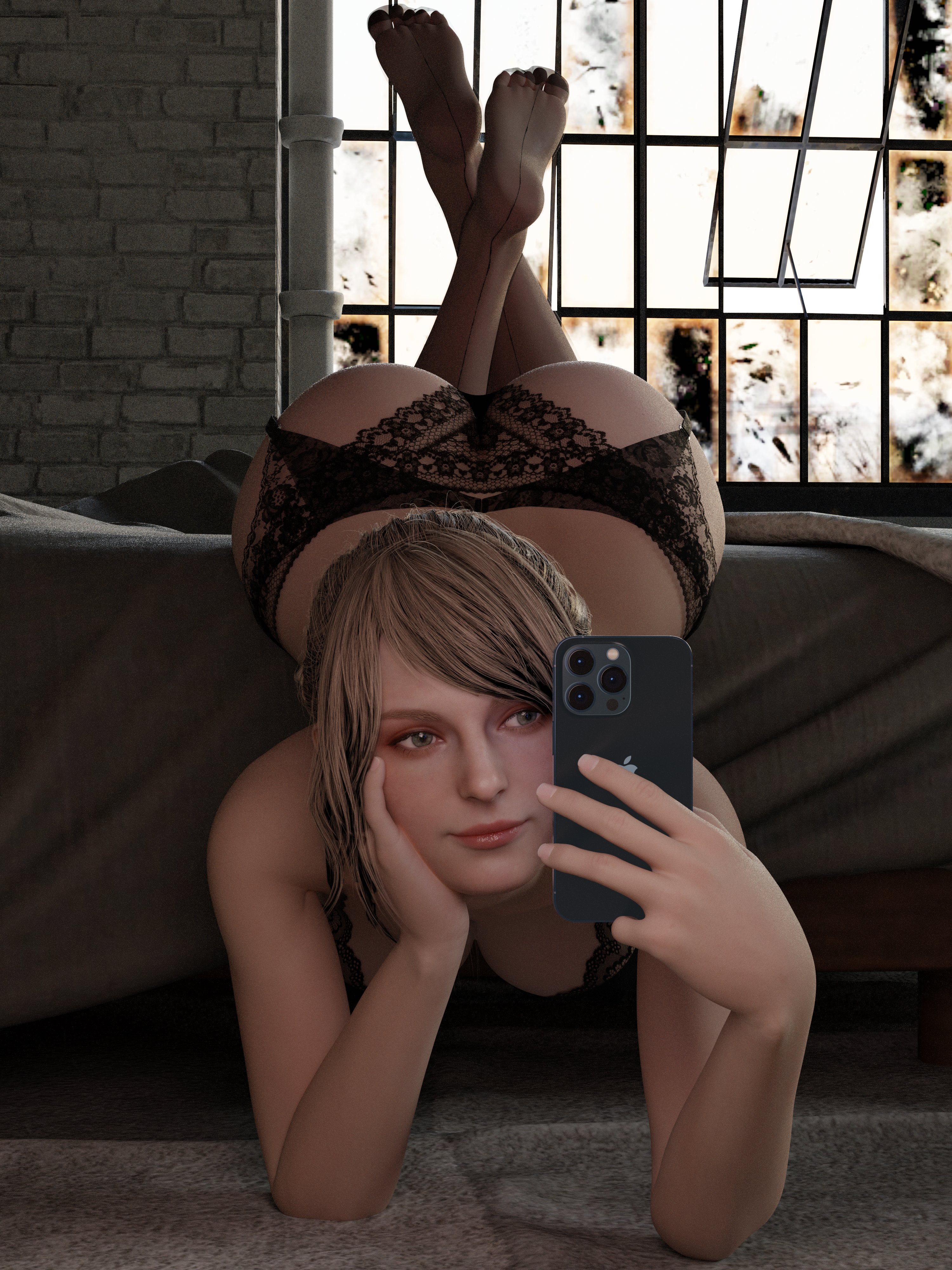 1girls, 3d, ashley graham, ashley graham (ella freya), blonde hair, capcom, female, female focus, female only, lingerie, mirror, mirror selfie, phone, resident evil, resident evil 4, resident evil 4 remake, selfie, solo, tagme, wide hips, zodd 3d