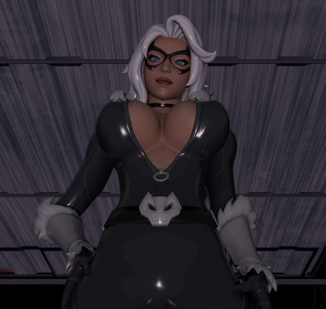 3d 3d_(artwork) black_cat_(fortnite) black_cat_(marvel) blue_eyes felicia_hardy fortnite huge_breasts looking_at_viewer looking_down marvel marvel_comics smile spider-man_(series) white_hair