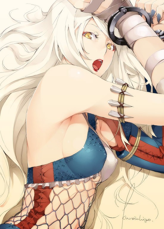 bandage breasts capcom chains erect_nipples fishnet fishnets handcuffs kyo_(kuroichigo) mature monster_hunter nargacuga_(armor) nude open_mouth sideboob white_hair yellow_eyes