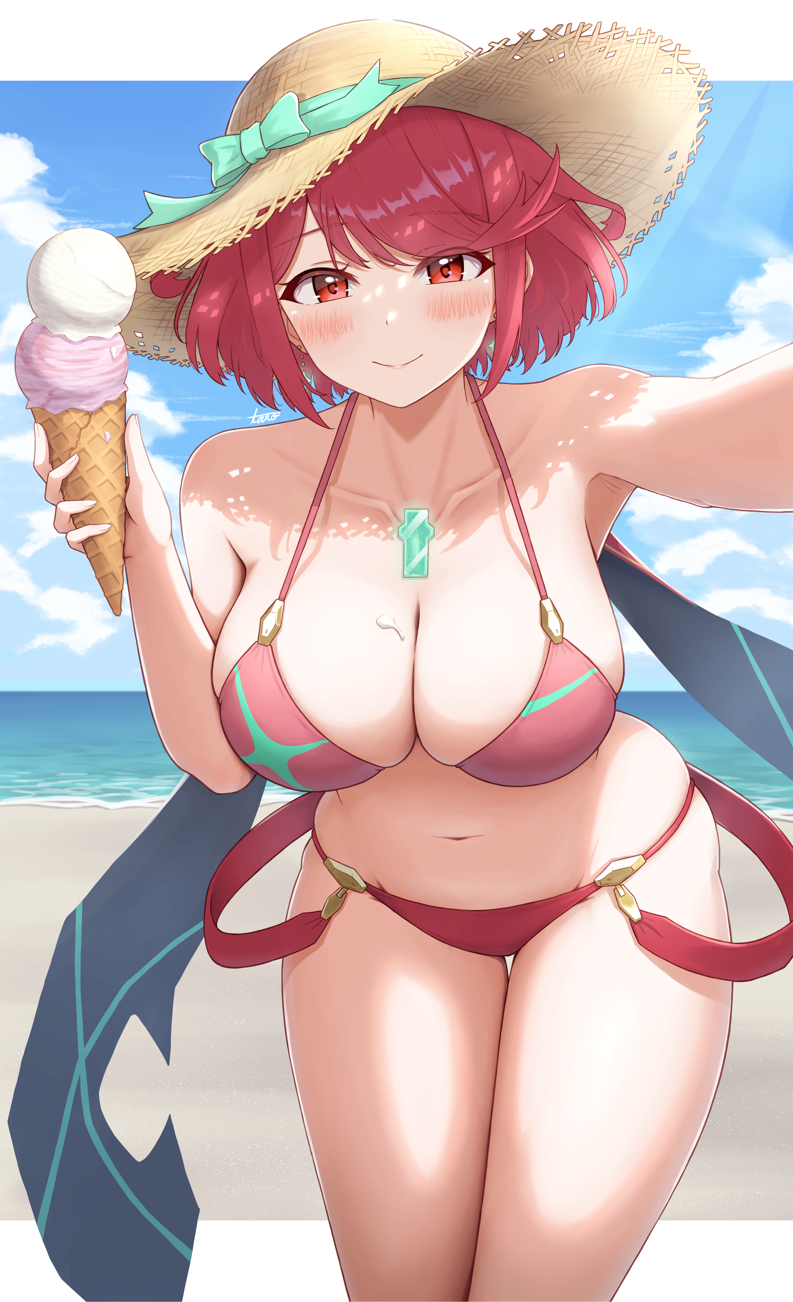 1girls, absurdres, bikini, blush, breasts, chest jewel, cleavage, earrings, female, female only, halterneck, hat, headpiece, highres, jewelry, large breasts, looking at viewer, navel, pyra, pyra (xenoblade), red eyes, red hair, short hair, sideboob, smile, solo, stomach, straw hat, string bikini, sun hat, swept bangs, swimsuit, taro (peach taro51), tiara, xenoblade (series), xenoblade chronicles 2