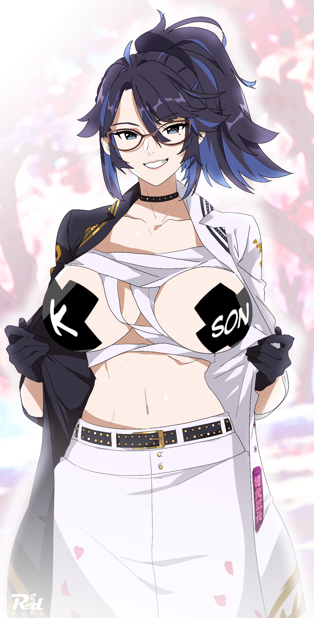 1girls blue_eyes blue_hair breasts eyewear female female_only glasses kson_onair large_breasts light-skinned_female light_skin mole mole_under_eye pasties r3dfive solo streaked_hair teeth virtual_youtuber vshojo x_pasties