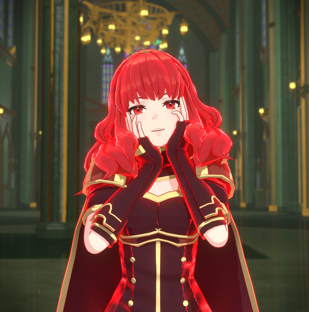 1girls 3d aura bangs breasts cape celica_(fire_emblem) clothed clothed_female corruption dress elbow_gloves emblem_(fire_emblem) female fingerless_gloves fire_emblem fire_emblem_echoes:_shadows_of_valentia fire_emblem_engage gloves hands_on_own_cheeks hands_on_own_face indoors looking_at_viewer nintendo open_mouth overused23 red_aura red_eyes red_hair small_breasts smile solo solo_female