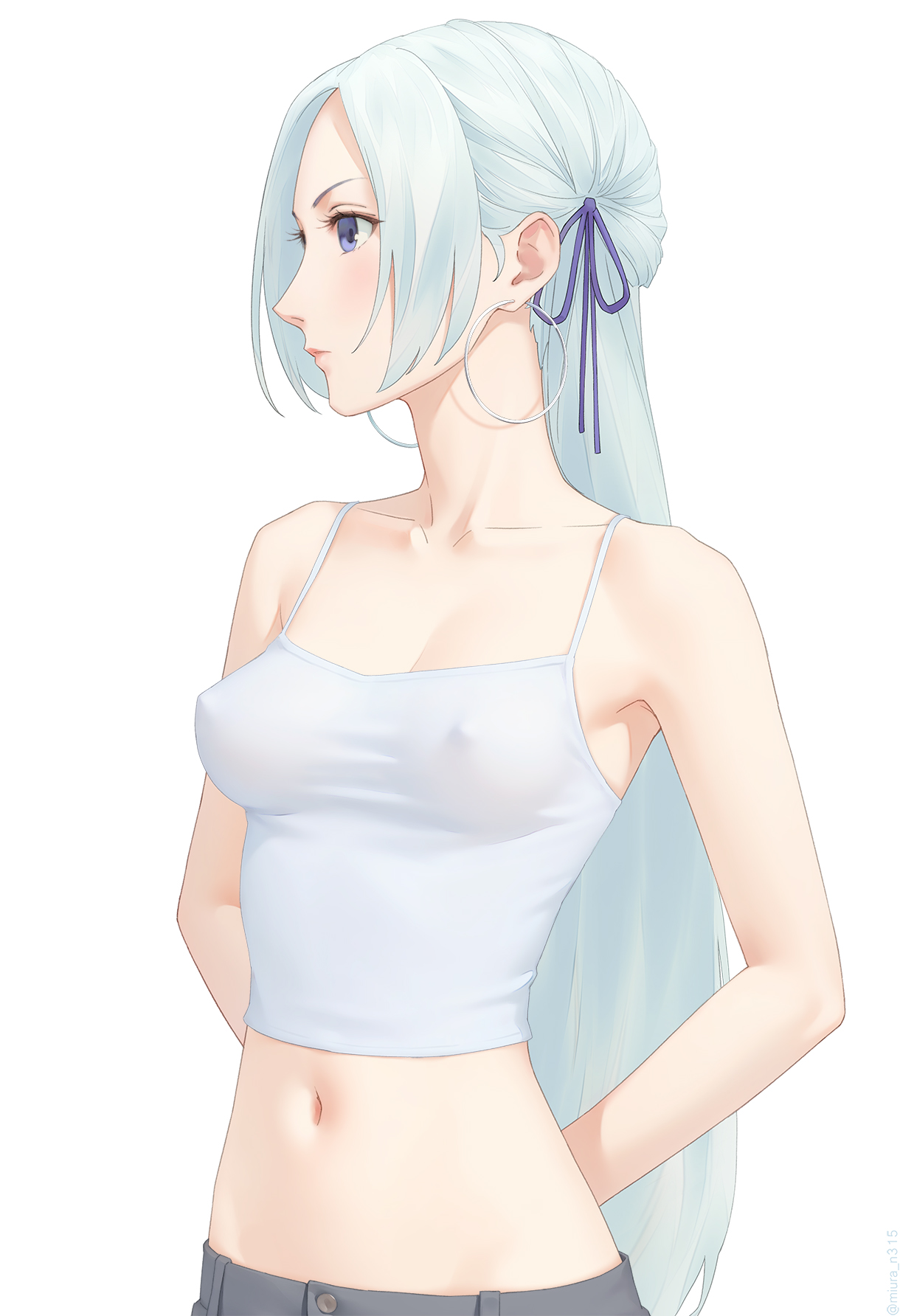 1girls, blush, breasts, covered nipples, crop top, edelgard von hresvelg, female, female only, fire emblem, fire emblem: three houses, fully clothed, highres, long hair, medium breasts, miura-n315, navel, nintendo, nipples, nipples visible through clothing, pants, purple eyes, purple ribbon, ribbon, simple background, sleeveless, solo, tank top, white background, white hair, white tank top