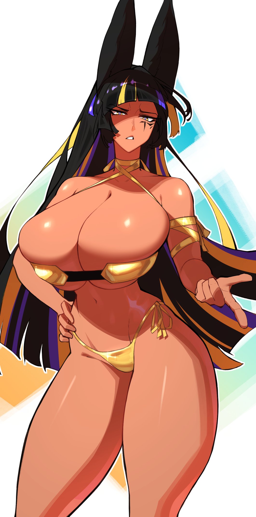 1girls 2020s 2024 2d 2d_(artwork) 5_fingers anubis_ears big_breasts big_thighs bikini breasts child_bearing_hips cleavage female female female_focus female_only fully_clothed gold_bikini hand_on_hip hi_res highres hips jaci_(lyuka) large_breasts large_thighs light-skinned_female light_skin lyuka multicolored_hair original original_character purple_hair side-tie_panties solo solo_female solo_focus standing thick_thighs thighs wide_hips