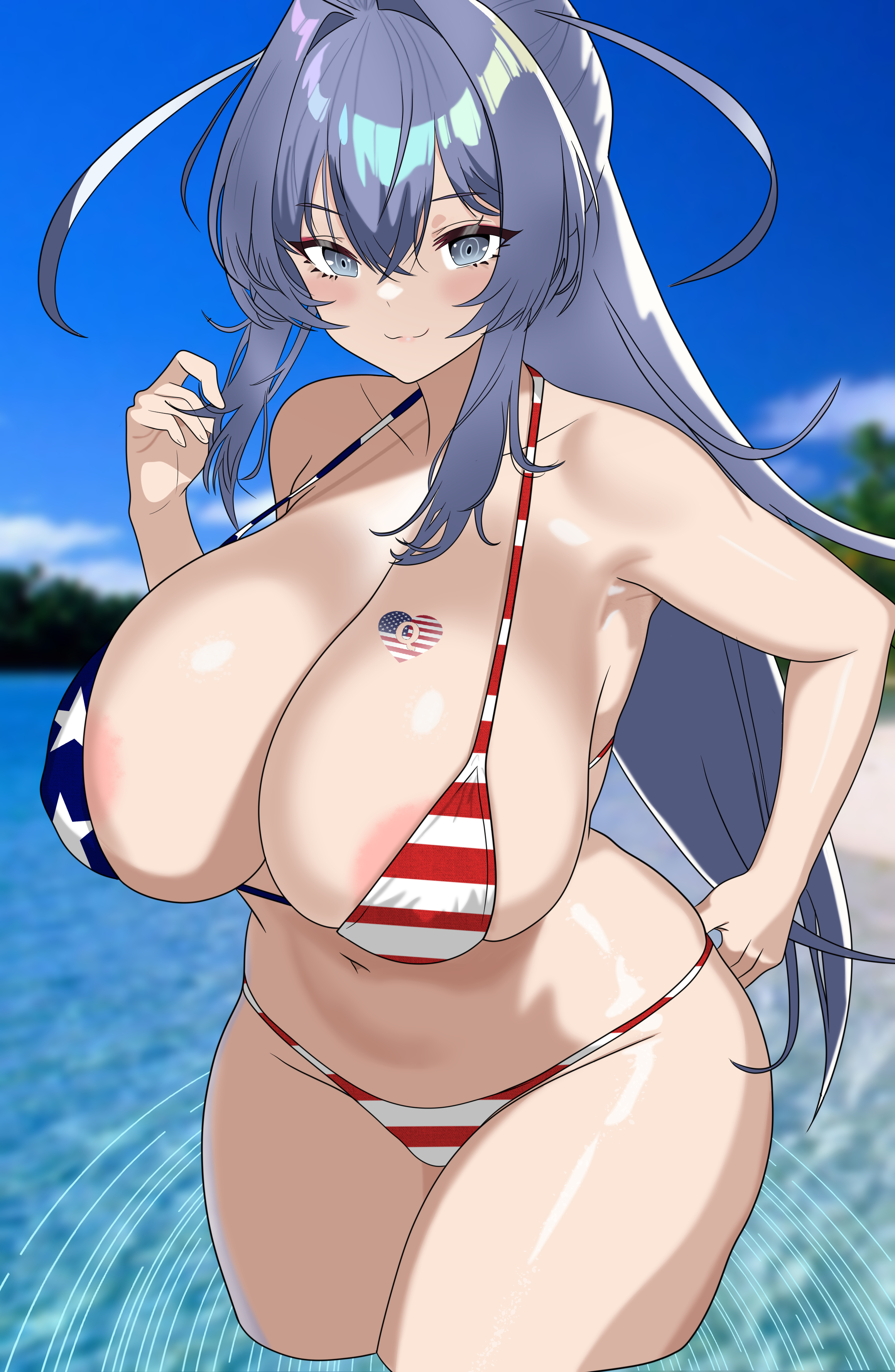 1girls, american flag bikini, areola slip, azur lane, big breasts, bleached, blue eyes, blue hair, blush, breasts, cleavage, female, female only, huge breasts, large breasts, long hair, looking at viewer, navel, new jersey (azur lane), ponytail, punishedplume, queen of hearts, queen of hearts tattoo, shiny hair, shiny skin, smile, solo, wide hips