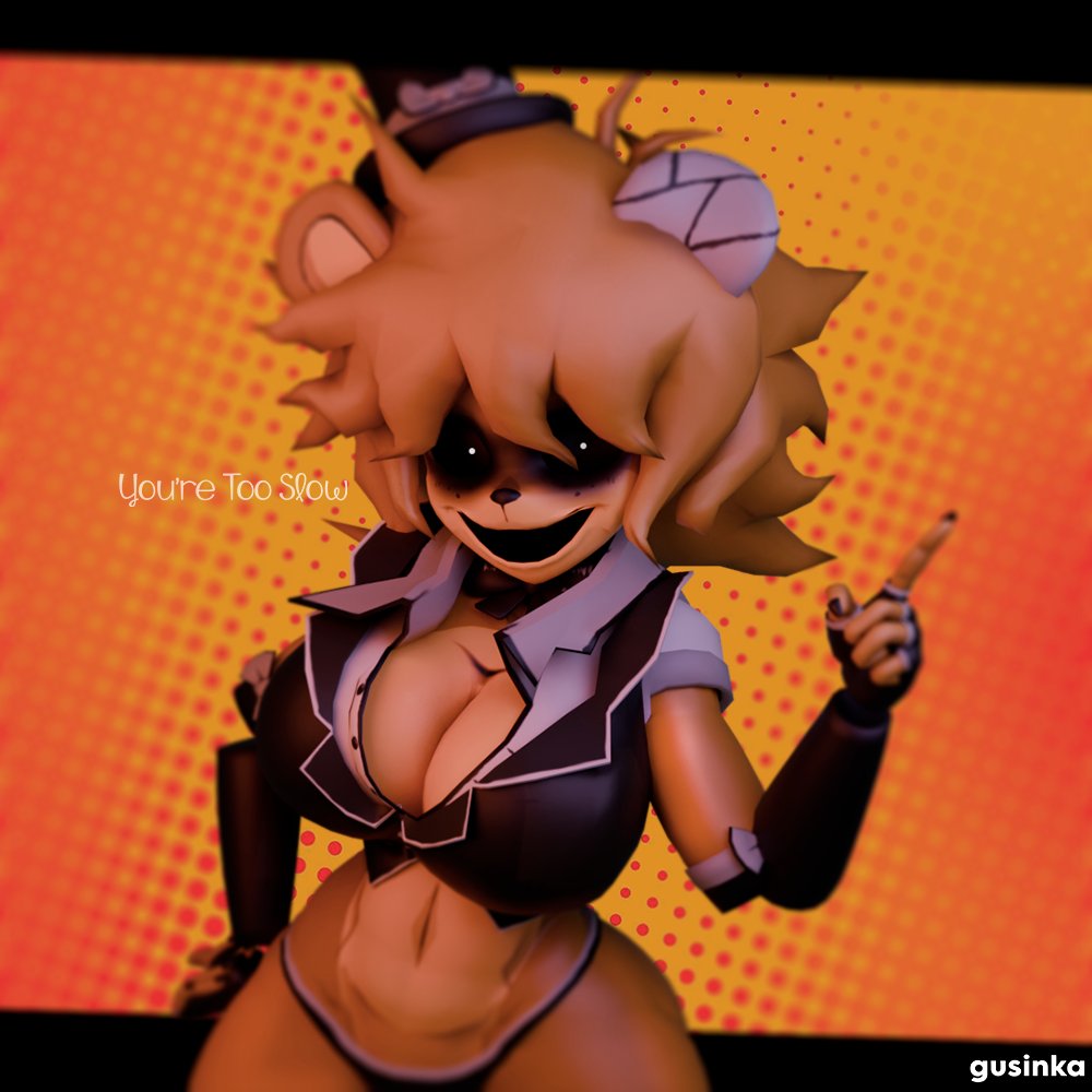 1girls, breasts, female, female only, five nights at freddy's, fredina's nightclub, golden freddy (fnaf), golden fredina (cally3d), gusinka, looking at viewer, solo, tagme, text, type 0