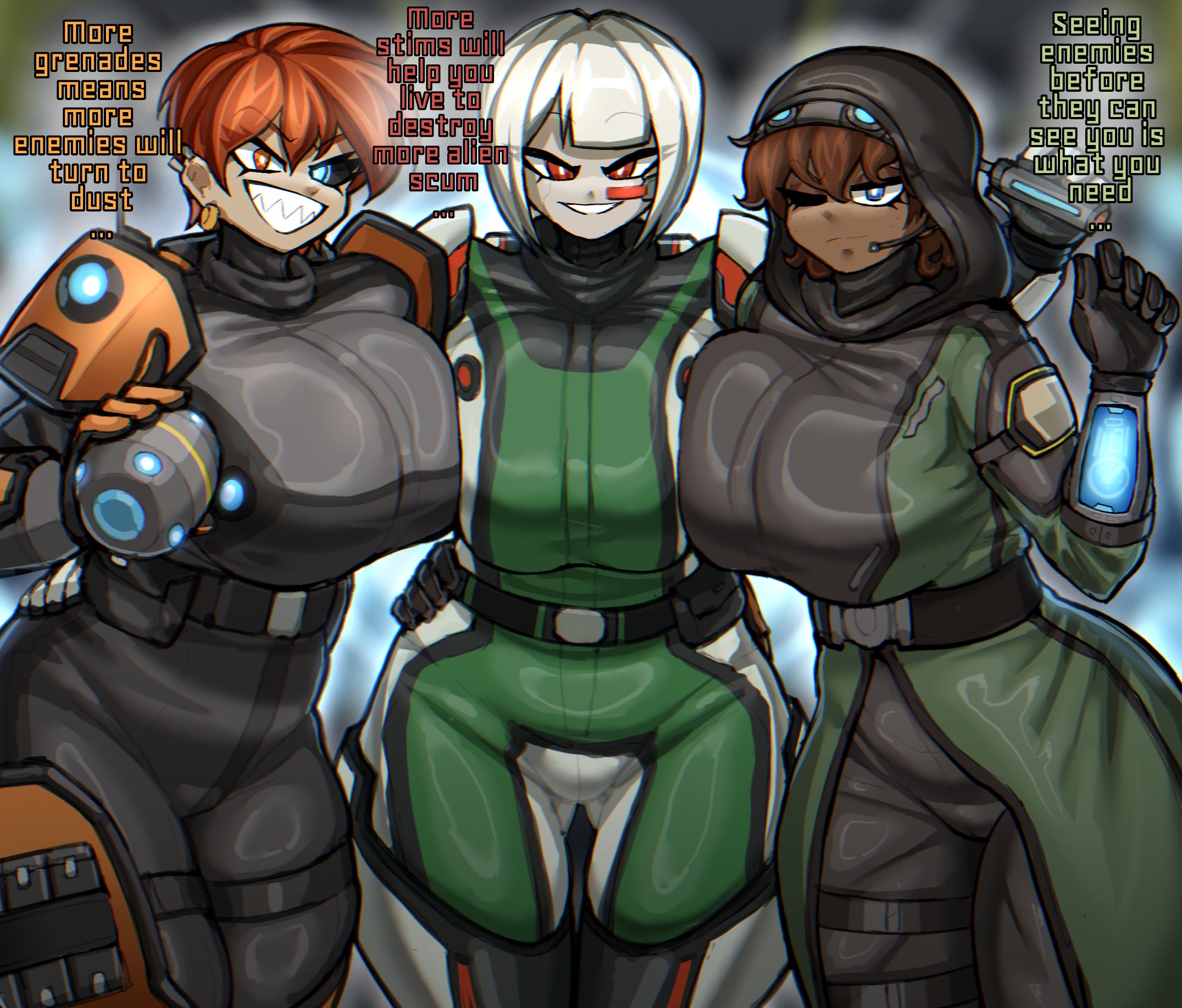 3girls, big breasts, breasts, breasts bigger than head, english text, female, fully clothed, helldiver (helldivers), helldivers, helldivers 2, seductive look, smug, smug grin, talking to viewer, text, zzzhodazzz