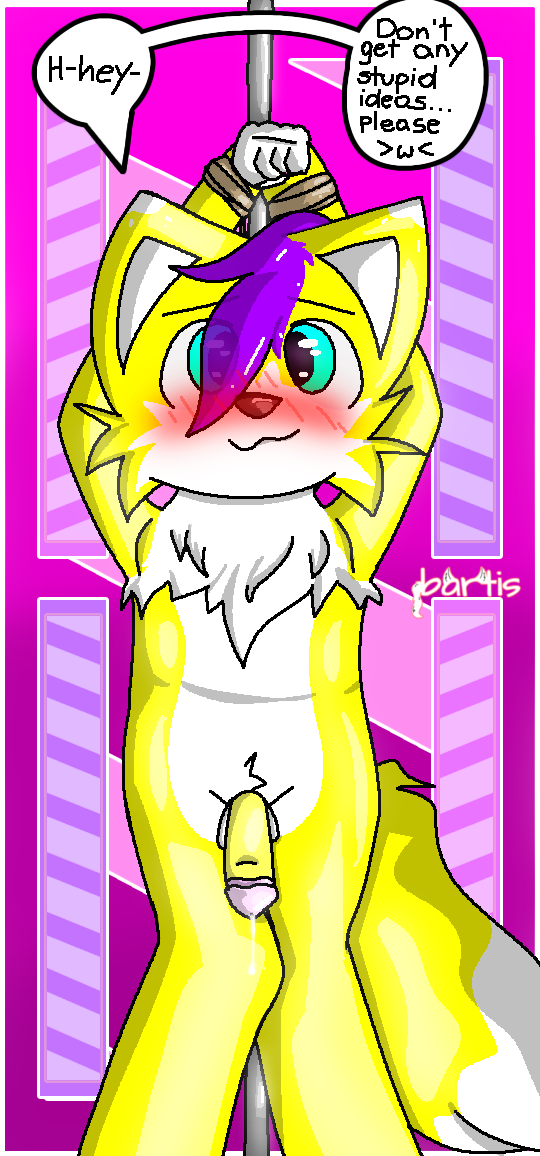 anthro arms_tied ball_tuft balls bartis_(bartisthedoggie) bartisthedoggie blue_eyes blush blush_lines bodily_fluids bound canid canine canis cheek_tuft cum dipstick_tail domestic_dog ejaculation english_text eyebrows facial_tuft fur genital_fluids genitals hair hands_behind_head male mammal markings neck_tuft nude penis pink_background pole purple_hair raised_arms rope signature simple_background solo speech_bubble tail tail_markings text tuft white_body white_fur white_hands white_tail_tip yellow_body yellow_fur yellow_tail