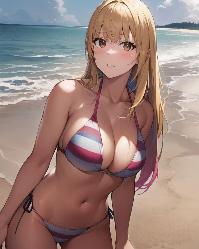 1girls ai_generated ai_mirror beach belly_button bikini blonde_hair blush leaning_aside long_hair looking_at_viewer medium_breasts multicolored_bikini orange_eyes sand sea seaside standing waves white_skin worried worried_expression