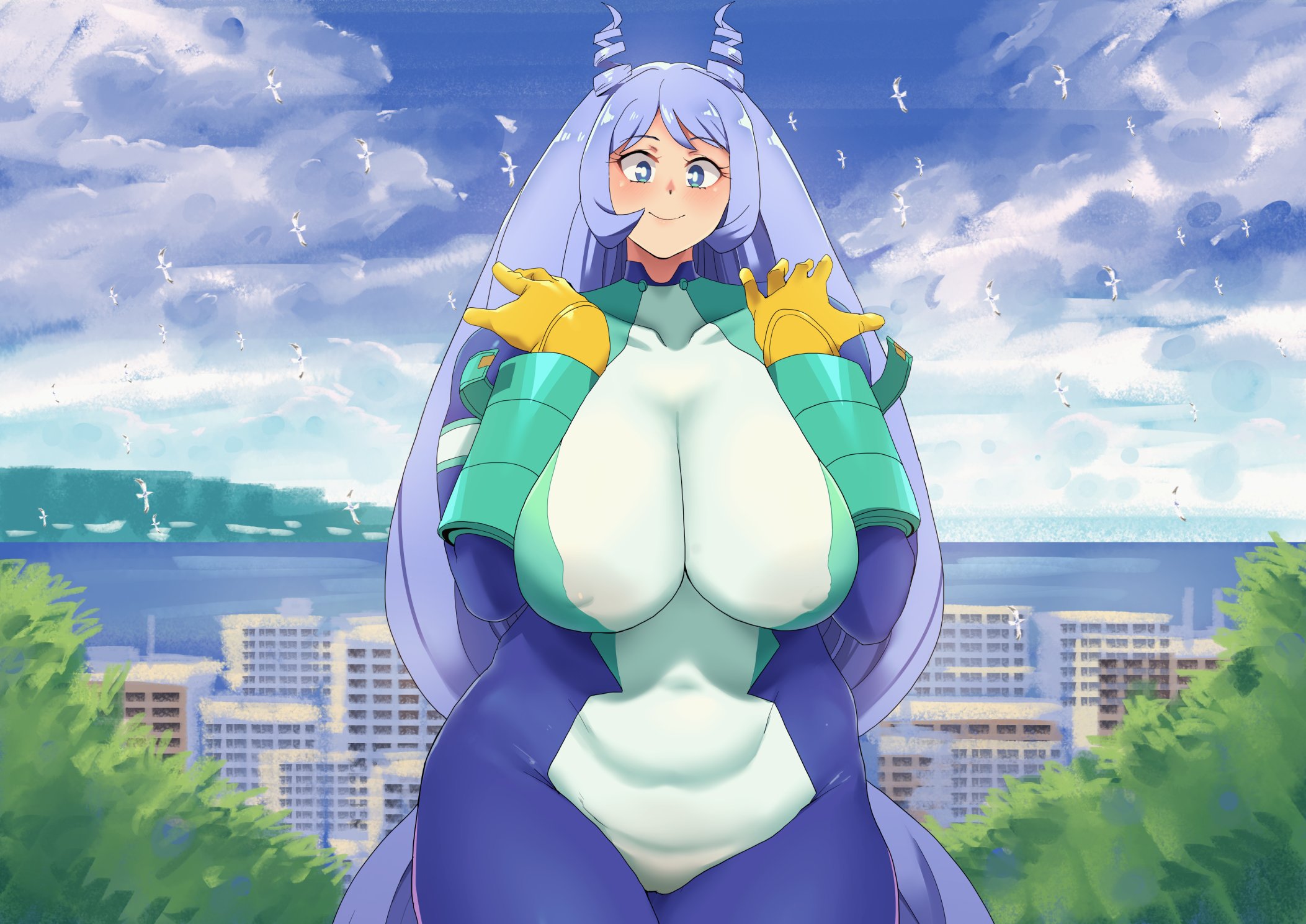 1girls, blue hair, blue-haired female, boku no hero academia, clothed, clothing, female, hero outfit (mha), minakami, my hero academia, nejire hado, nipples visible through clothing, pussy, pussy visible through clothes