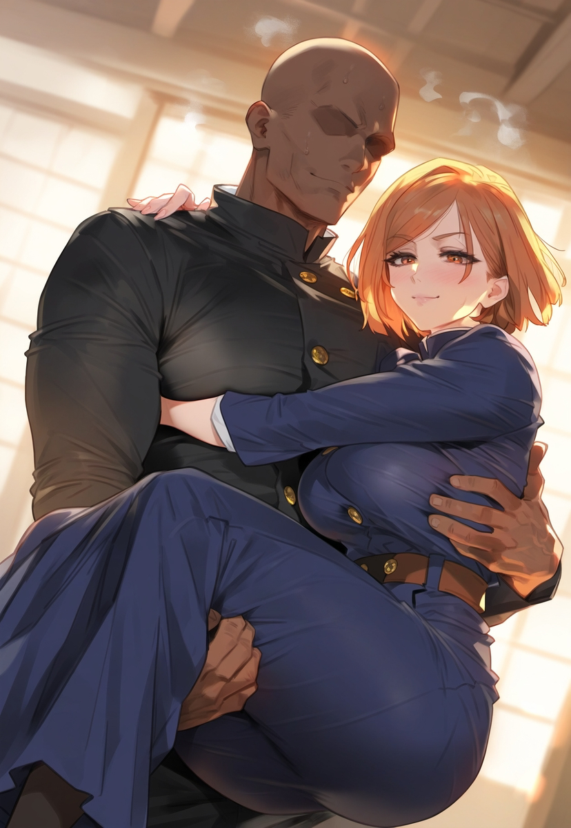 1girls age_difference ai_generated big_ass big_breasts blush carrying carrying_partner cute cute_face dark-skinned_male eyelashes female interracial jujutsu_kaisen kugisaki_nobara miguel_oduol muscular_male naughty_face orange_eyes orange_hair pale-skinned_female pale_skin princess princess_carry school_uniform size_difference smaller_female smiling smug smug_face steamy sweat sweating teenage_girl teenager tight_clothing