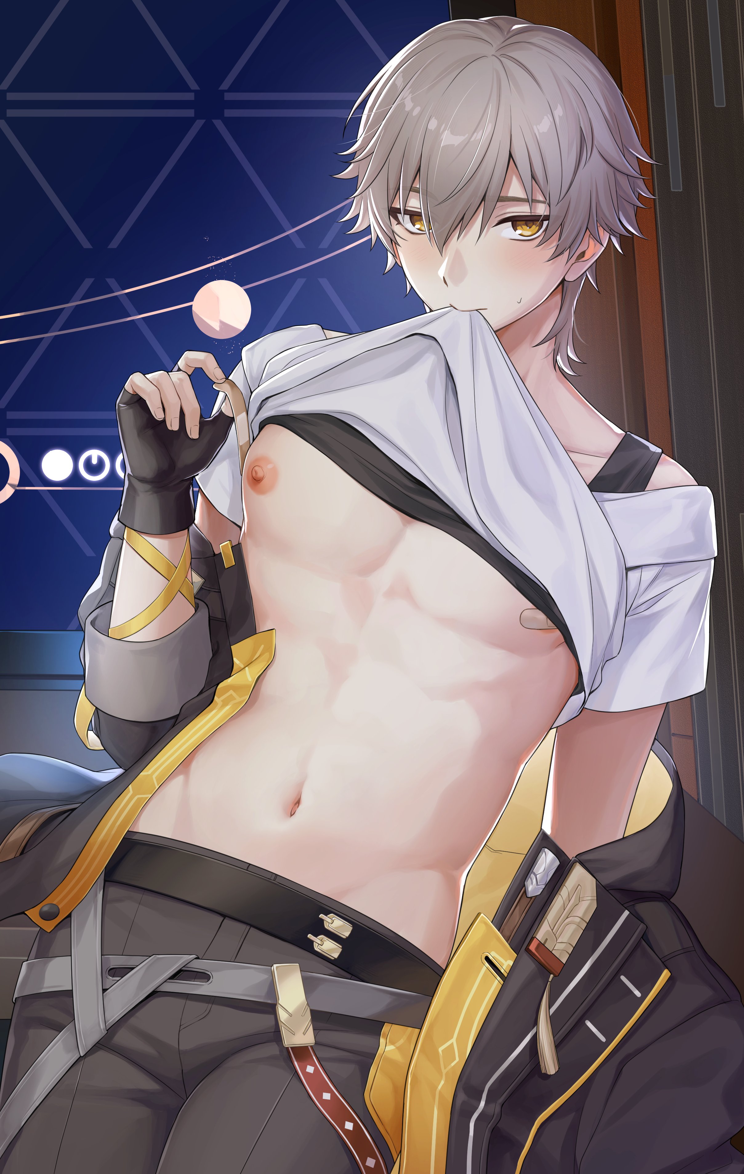 1boy, absurdres, bandaid, bandaids on nipples, black gloves, black jacket, blush, brown pants, caelus (honkai: star rail), closed mouth, clothes lift, gloves, grey hair, hachiten, highres, honkai (series), honkai: star rail, jacket, male, male focus, male only, navel, nipples, open clothes, open shirt, pants, pasties, shirt, shirt lift, short hair, solo, solo male, stomach, white shirt, yellow eyes