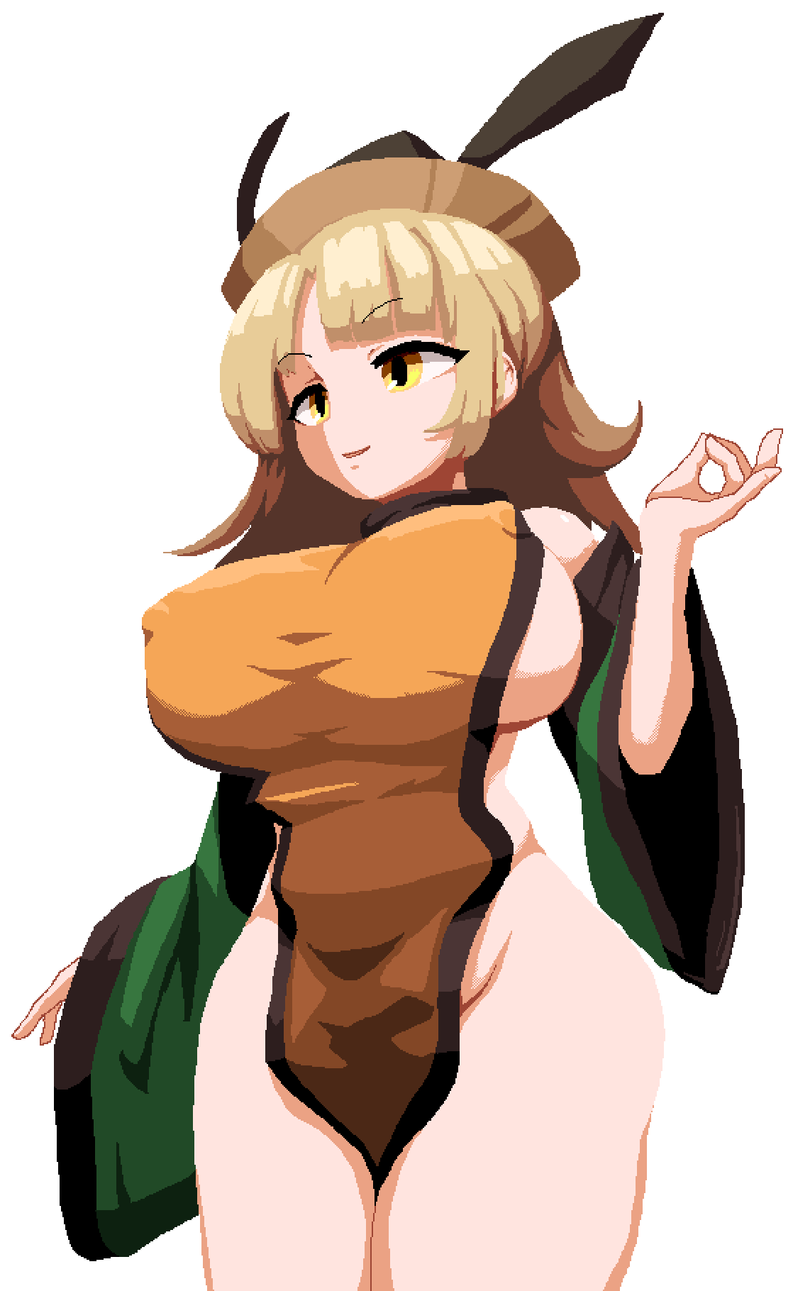 1girls big_breasts blonde_hair breasts einzeilhandery goddess hat light-skinned_female mature_female nipple_bulge okina_matara pixel_art revealing_clothes sideboob solo solo_female thick_thighs thighs touhou transparent_background yellow_eyes