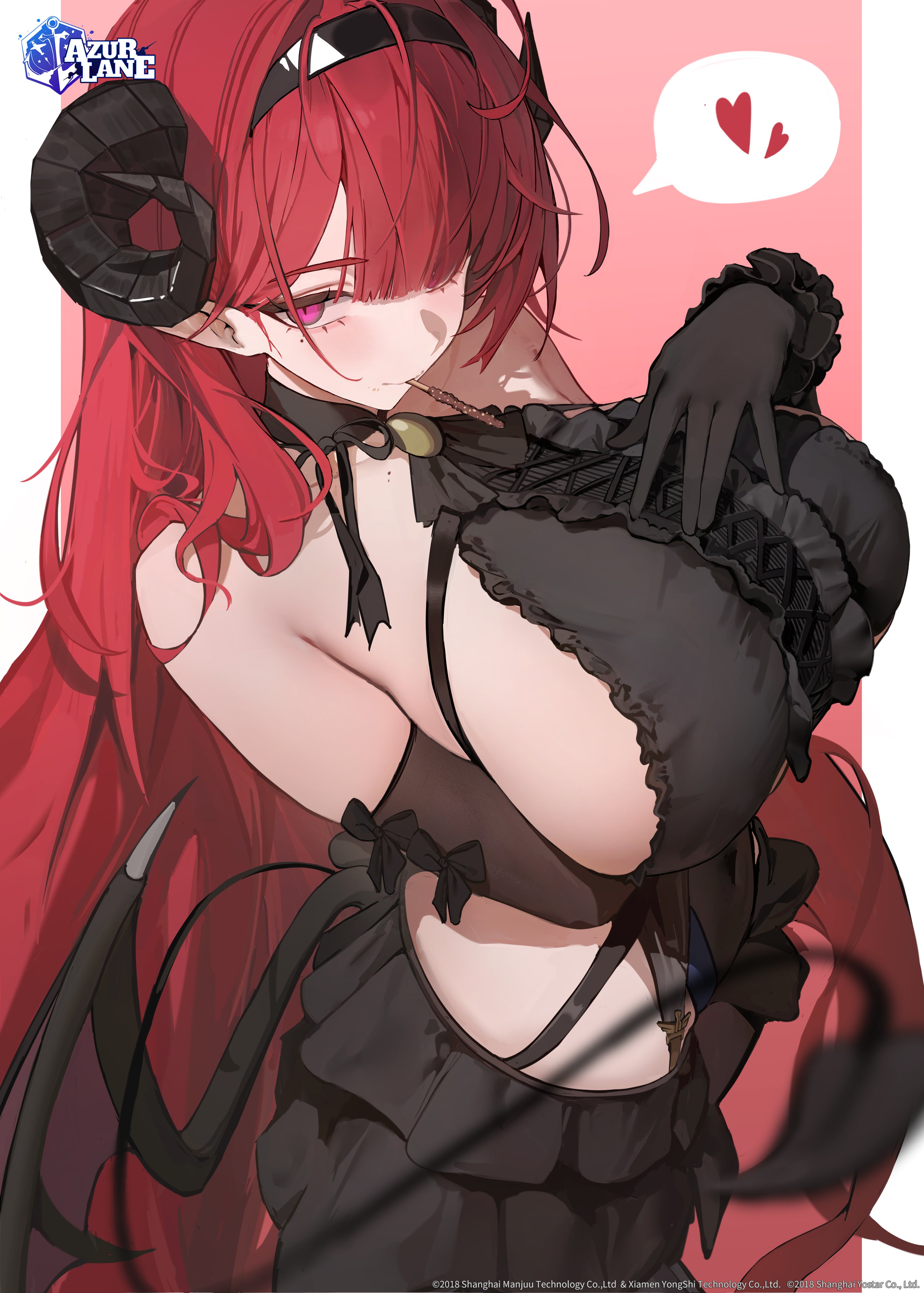 azur lane, bangs, bare shoulders, bell, black gloves, black skirt, blush, breasts, closed mouth, demon girl, demon horns, demon tail, demon wings, elbow gloves, female, frills, gloves, hair over one eye, hairband, heart, hindenburg (azur lane), horns, huge breasts, large breasts, long hair, looking at viewer, mole, mole under eye, mole under mouth, pink eyes, purple eyes, red hair, sideboob, skirt, smile, solo, spoken heart, tail, very long hair, wings