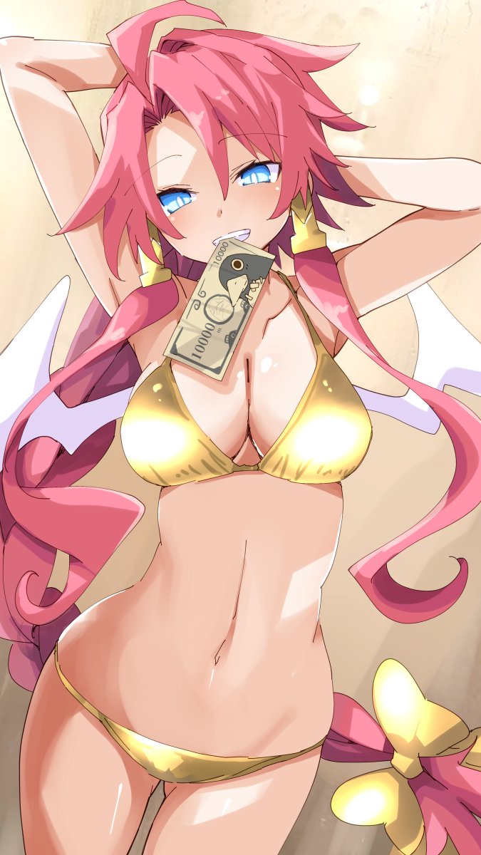 angel angel_wings artina bikini bikini_bottom bikini_top breasts disgaea disgaea_4 golden_bikini iwasi_r large_breasts money nippon_ichi_software prinny