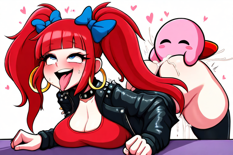 ahe_gao ahegao ai_generated blue_eyes blue_hair_ribbon doggy_style hoop_earrings izzyredlove_(oc) kirby kirby_(series) large_breasts leather_jacket nintendo original original_character pale_skin red_hair twintails