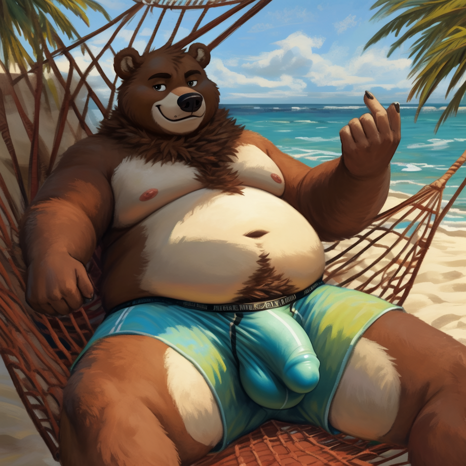 ai_generated balls beach bear beckoning bottomwear brown_bear brown_body bulge bulge_through_clothing chest_tuft chubby fat flaccid flaccid_penis fur furry genitals hammock hi_res humanoid_penis inviting inviting_to_suck male male_only mammal moobs nipples ocean palm_tree penis sitting sky solo solo_male stable_diffusion swimming_trunks topless tufted_fur ursid ursine white_body white_fur