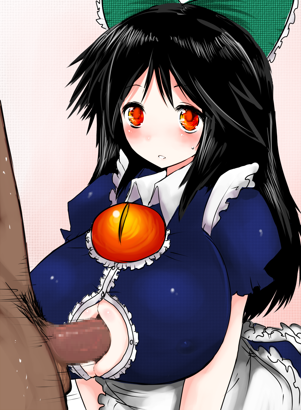 3_eyes alternate_costume black_hair breasts censored cleavage dark-skinned_male hair_ornament han64 han_(jackpot) highres huge_breasts long_hair maid multi_eye paizuri paizuri_under_clothes penis perpendicular_paizuri red_eyes touhou utsuho_reiuji