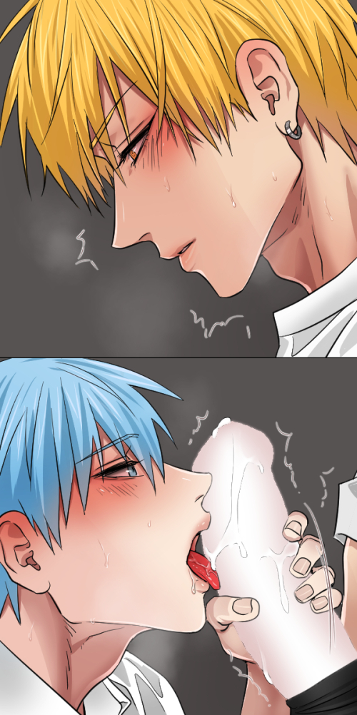 2boys blonde_hair blue_eyes blue_hair blush cum earrings fellatio fingernails gay grabbing_penis kise_ryouta kuroko_no_basuke kuroko_tetsuya licking licking_penis looking_down male male_focus male_only open_mouth parted_lips penis shirt short_hair skinny tagme tmtm tongue tongue_out white_shirt yaoi yellow_eyes young