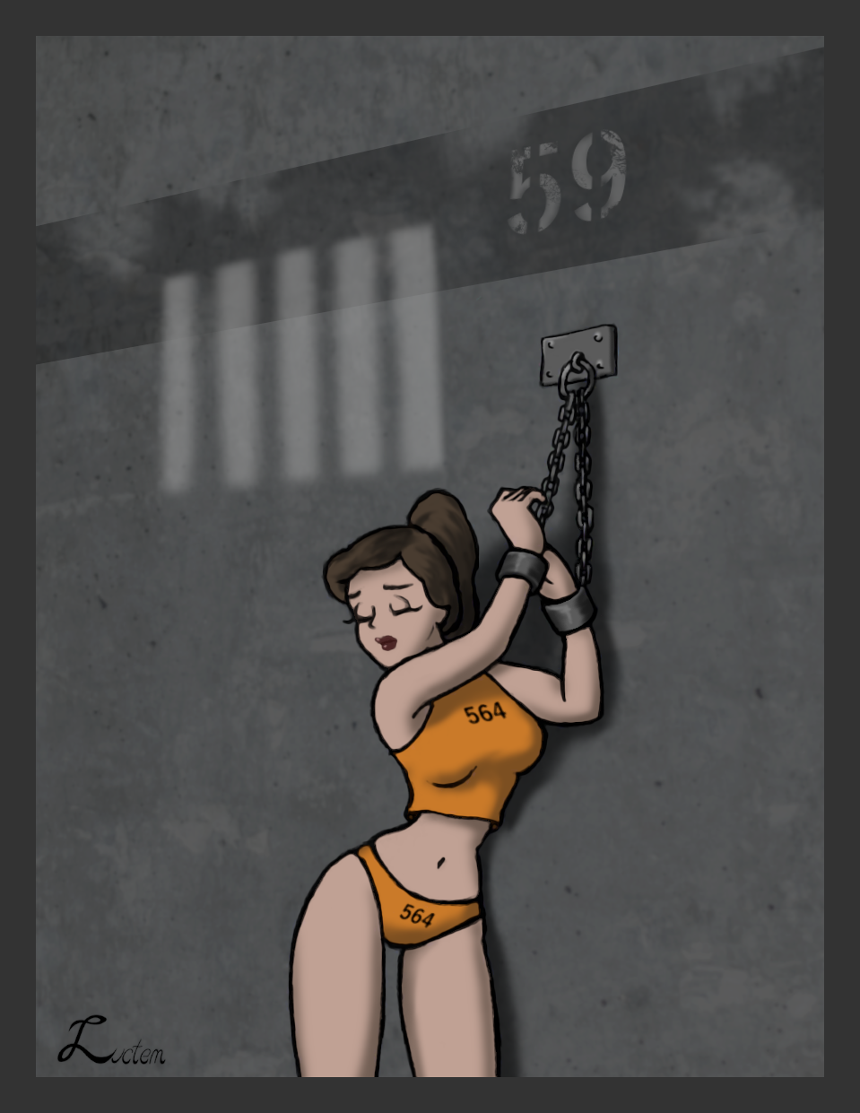 bare_midriff bondage bound brown_hair chains closed_eyes cuff_(restraint) cuffs female female_only femsub fully_clothed luctem metal_cuffs midriff midriff_baring_shirt number png prison_clothes prison_uniform prisoner revealing_clothes shackles