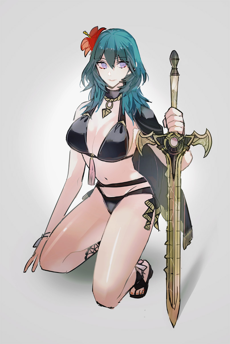 1girls alternate_costume bikini bikini_armor black_bikini black_clothing black_footwear black_swimsuit blue_eyes blue_hair breasts byleth_(female)_(fire_emblem) byleth_(female)_(summer)_(fire_emblem) byleth_(fire_emblem) cape dark_blue_hair female female_only fire_emblem fire_emblem:_three_houses fire_emblem_heroes flower front_view grey_background hair_flower hair_ornament highres holding holding_sword holding_weapon kneeling large_breasts lilac_eyes long_hair looking_at_viewer mantle melee_weapon nail_polish navel nintendo official_alternate_costume planted_sword purple_eyes red_flower red_nails sandals smile solo stomach swimsuit sword sword_of_the_creator teal_hair thighs toenail_polish toenails tsukimura_noe weapon