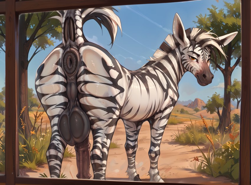 ai generated, ass, ass focus, balls, big balls, feral, feral only, looking at viewer, looking back, looking pleasured, male, male only, smile, zebra
